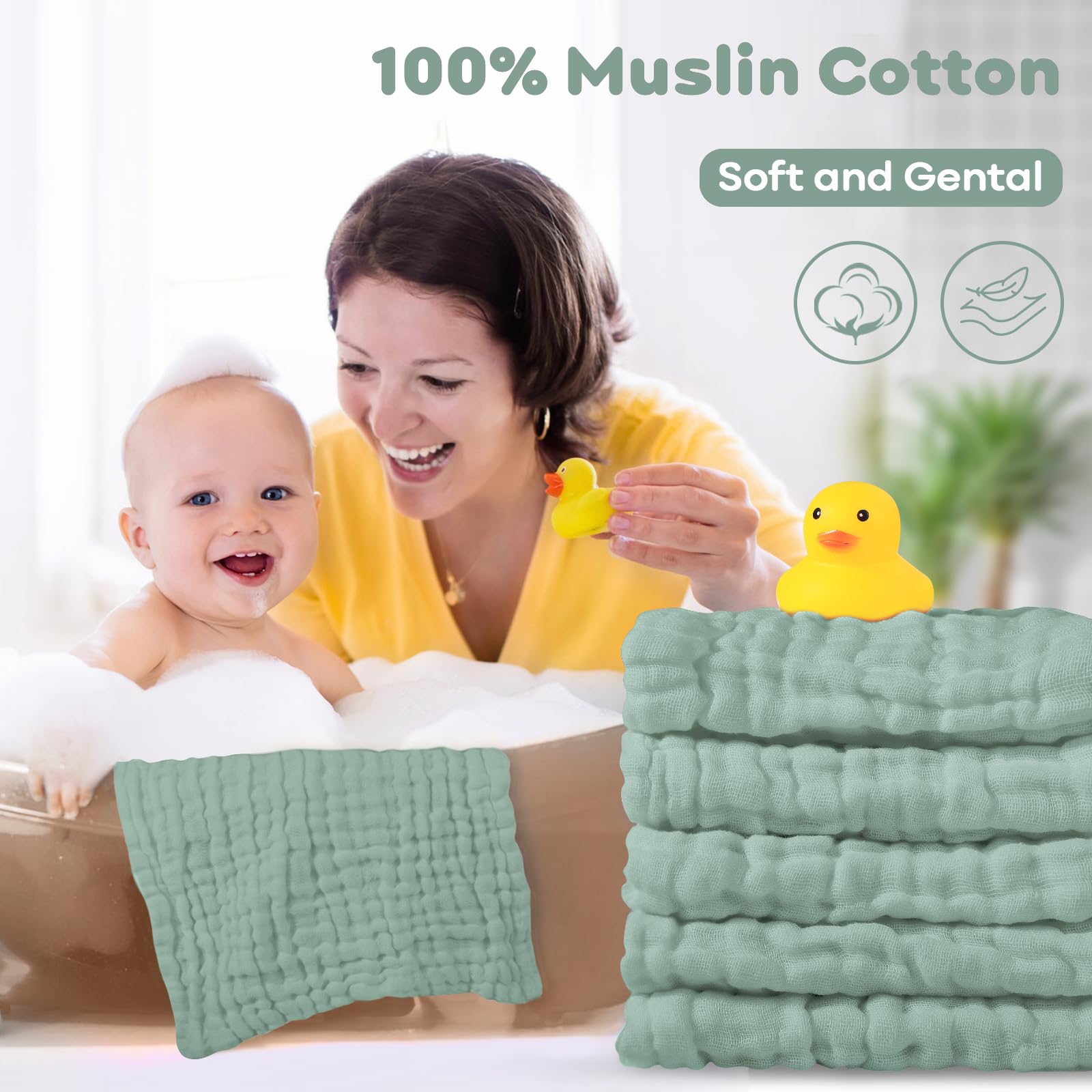 Yoofoss Muslin Baby Washcloths 100% Cotton Face Towels 10 Pack Wash Cloths for Baby 12x12in Soft and Absorbent Baby Wipes (Dark Green)