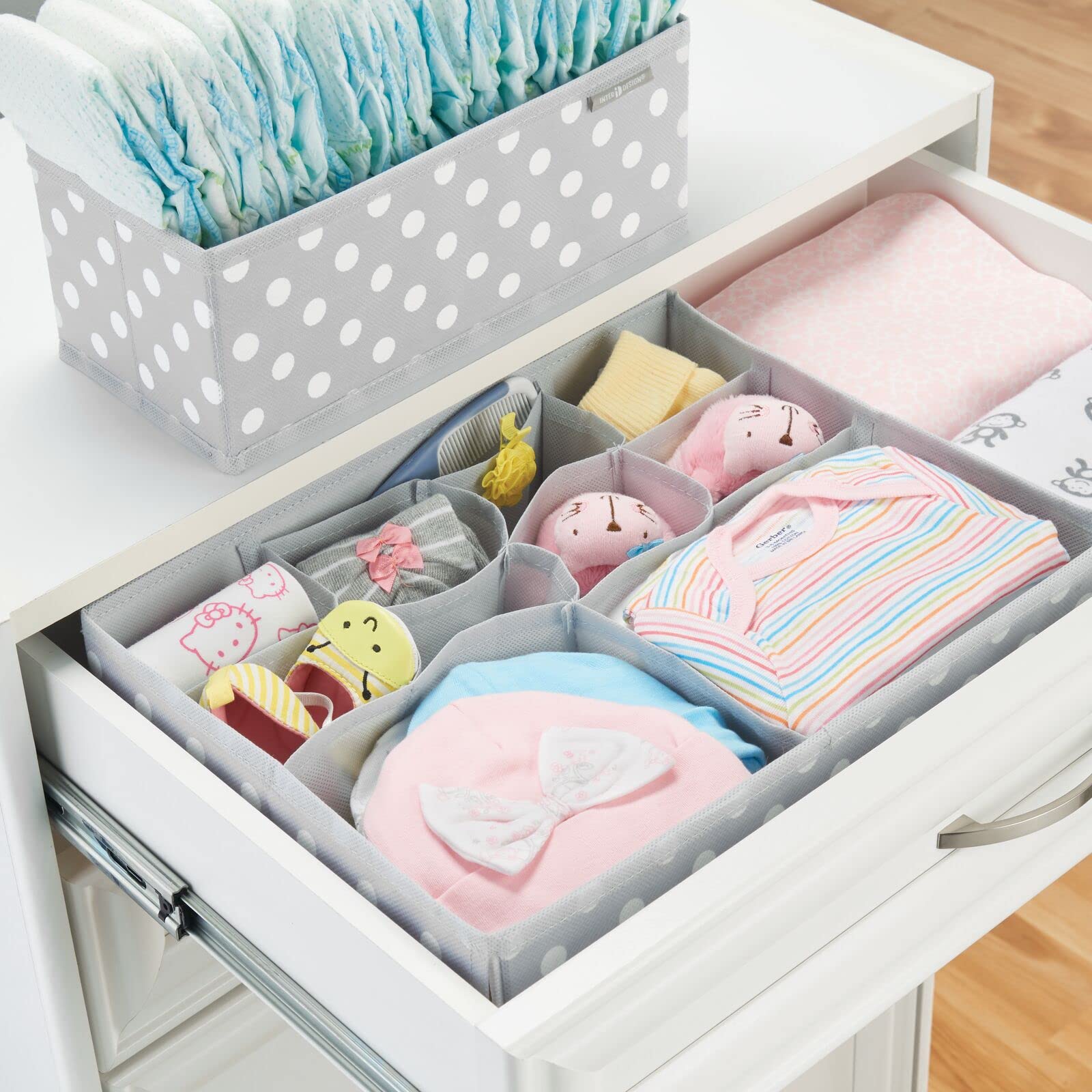 mDesign Fabric Drawer Organizer Bins, Kids/Baby Nursery Dresser, Closet, Shelf, Playroom Organization, Hold Clothes, Toys, Diapers, Bibs, Blankets, Set of 4, 2 Pack, Gray/White Polka Dot