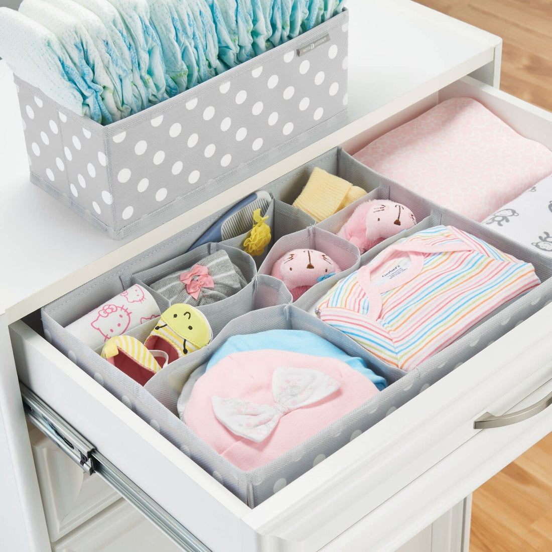 mDesign Fabric Drawer Organizer Bins, Kids/Baby Nursery Dresser, Closet, Shelf, Playroom Organization, Hold Clothes, Toys, Diapers, Bibs, Blankets, Set of 4, 2 Pack, Gray/White Polka Dot