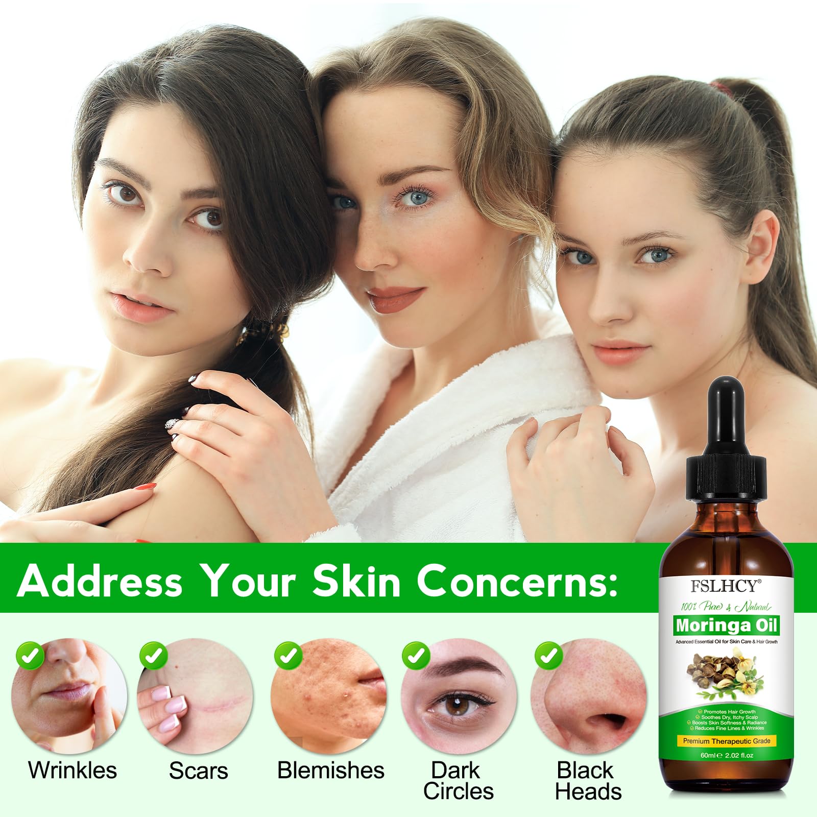 Moringa Oil Pure, Moringa Seed Oil for Face & Hair Growth & Moisturizer & Massage Oil Natural Cold Pressed Reduces Fine Lines, Antioxidant & Anti-ageing (60ML)