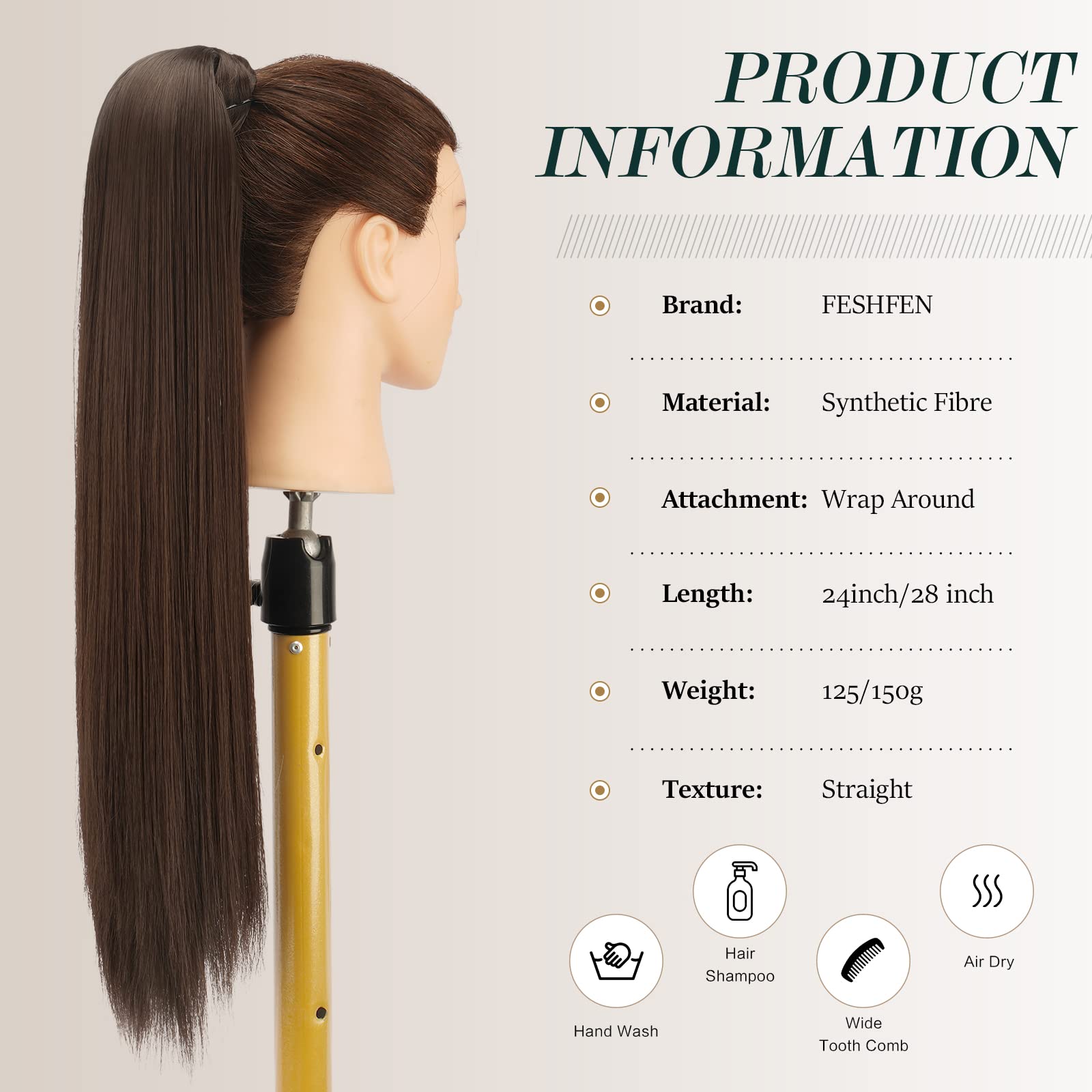 FESHFEN Straight Ponytail Extensions 28 Inch Long Wrap Around Synthetic Hair Piece Clip in Ponytail Hair Extensions Hairpiece for Women Girls 150g