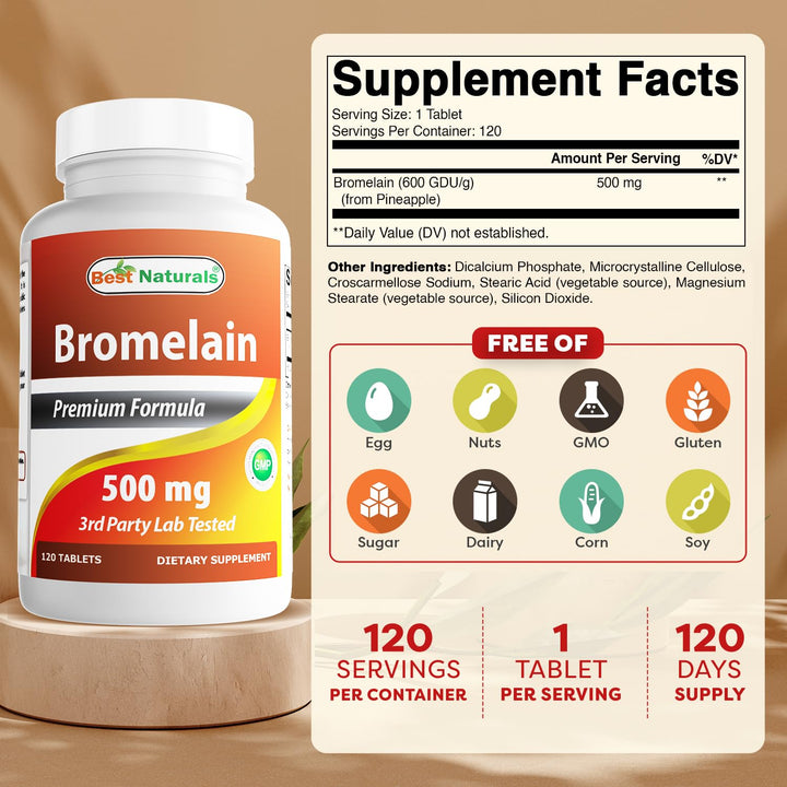 Best Naturals Bromelain Proteolytic Digestive Enzymes Supplements, 500 mg, 120 Tablets - Supports Healthy Digestion, Joint Health, Nutrient Absorption