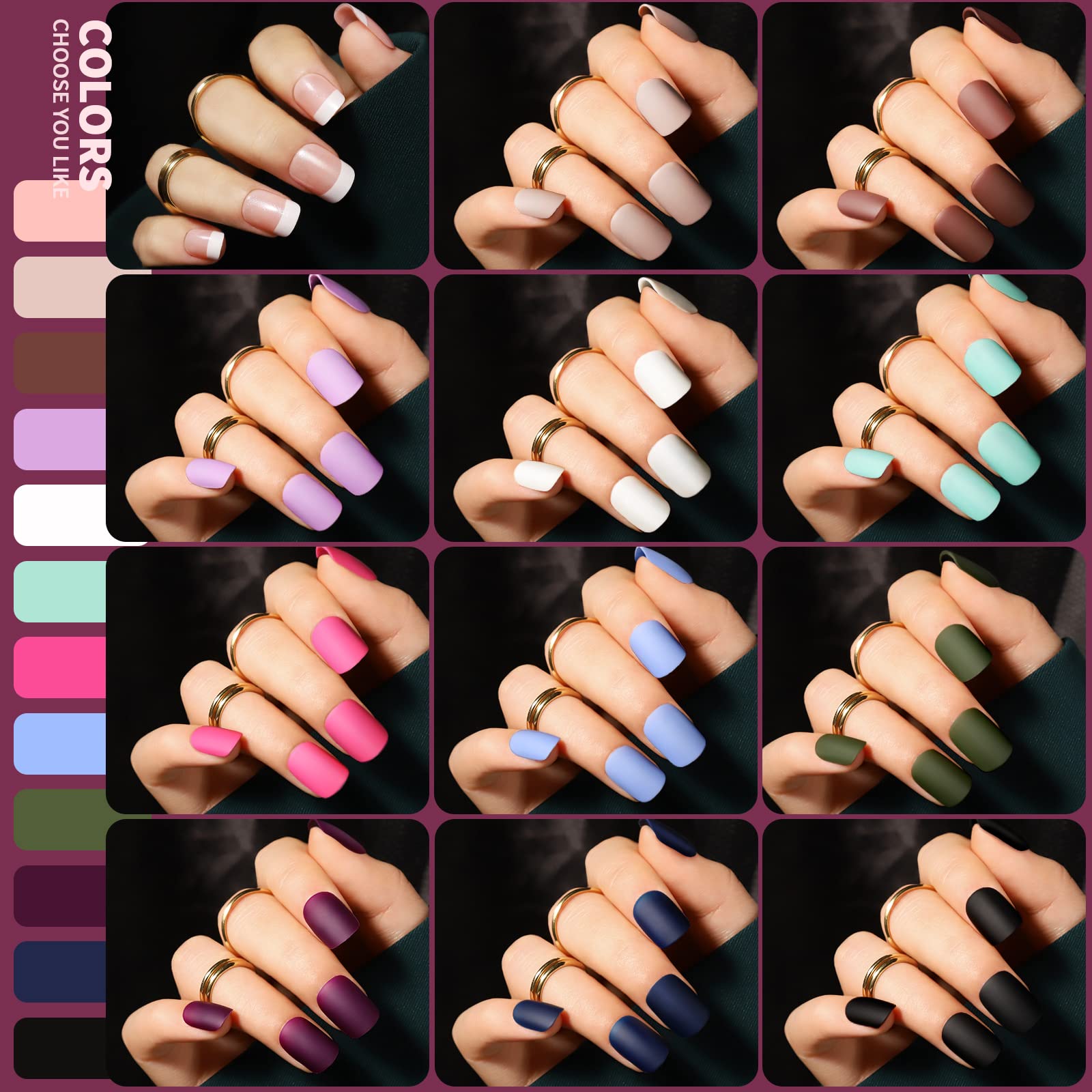 Teenitor Matte Acrylic Short Square Fake Nails, 360Pcs Full Cover, Glitter Press-On False Nails