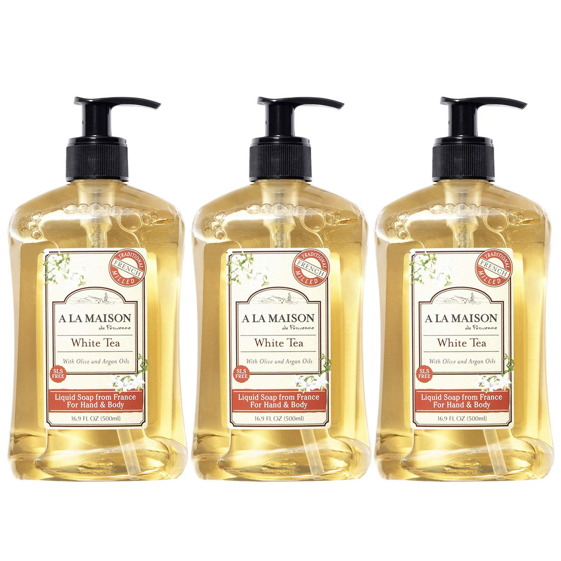 A La Maison de Provence Liquid Soap, White Tea, 16.9-Ounce Bottles (Pack of 3)