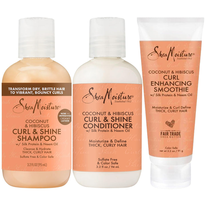 SheaMoisture Curl & Shine Shampoo, Conditioner & Curl Enhancing Smoothie, Travel-Size –Coconut & Hibiscus Curly Hair Products for Shiny Hair & Frizz Control, 3.2 Oz Ea (3 Piece Set)