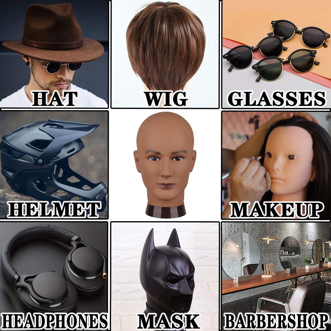 NEWSHAIR Bald Mannequin Head Male Professional Cosmetology for Wig Making and Display, Hat, Helmet, Glasses or Masks Display Head Model with Free Clamp Stand (Dark Brown)
