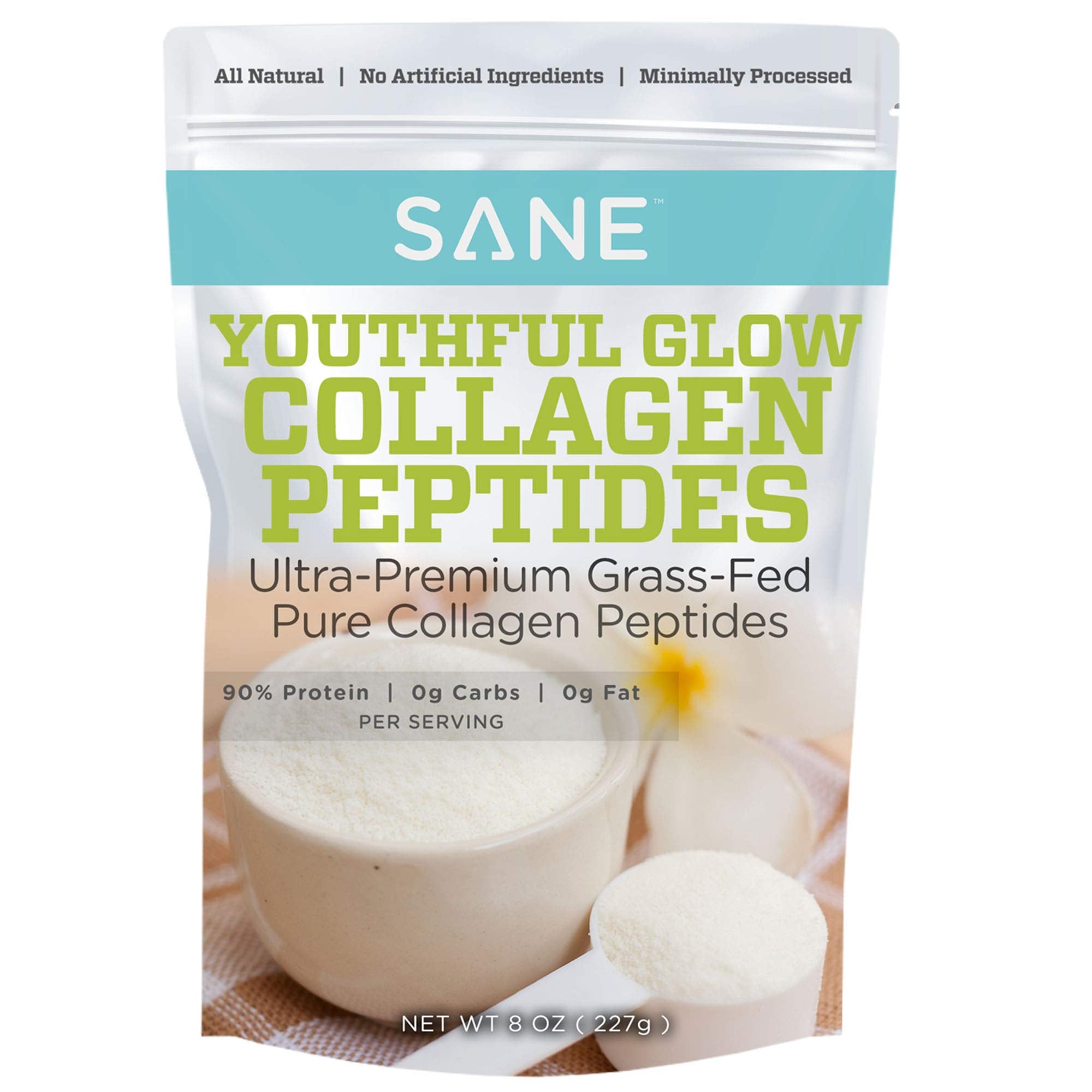 SANE MD - Youthful Glow Vital Collagen Powder - Organic Grass Fed Bovine Hydrolyzed Collagen Peptides Powder for Hair, Nails, Skin & Joint Health - NSF Certified - 37 Servings