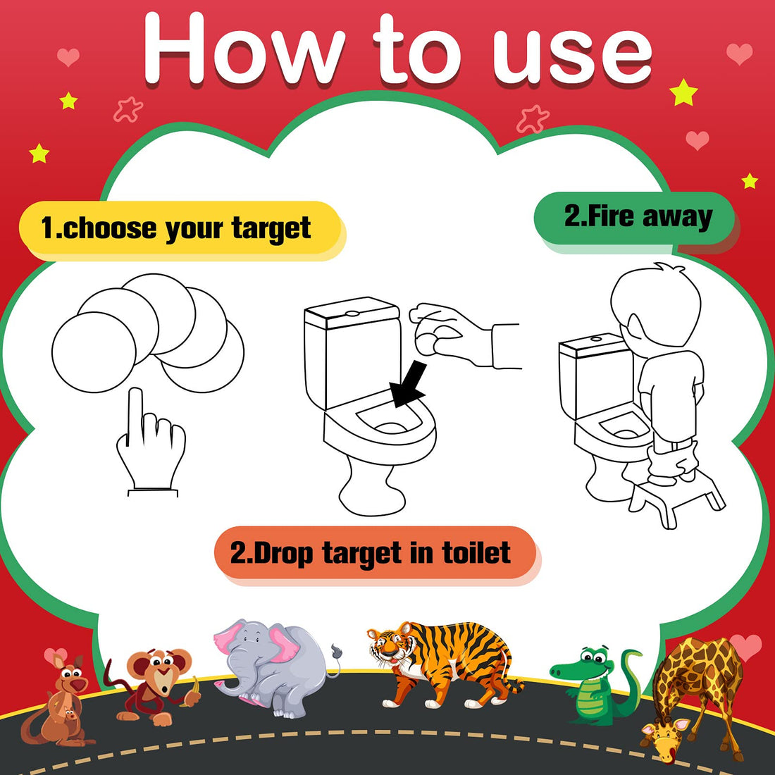 Chinco 120 Pcs Boys Potty Training Targets Boys Potty Targets Aids Flushable Pee Training Chart for Toddlers Use(Animals Styles)