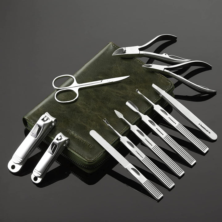FAMILIFE Manicure Set, L23 11 in 1 Stainless Steel Mens Manicure Kit Leather Pedicure Tools Kit Grooming Kit with Travel Case Box Gift For Father