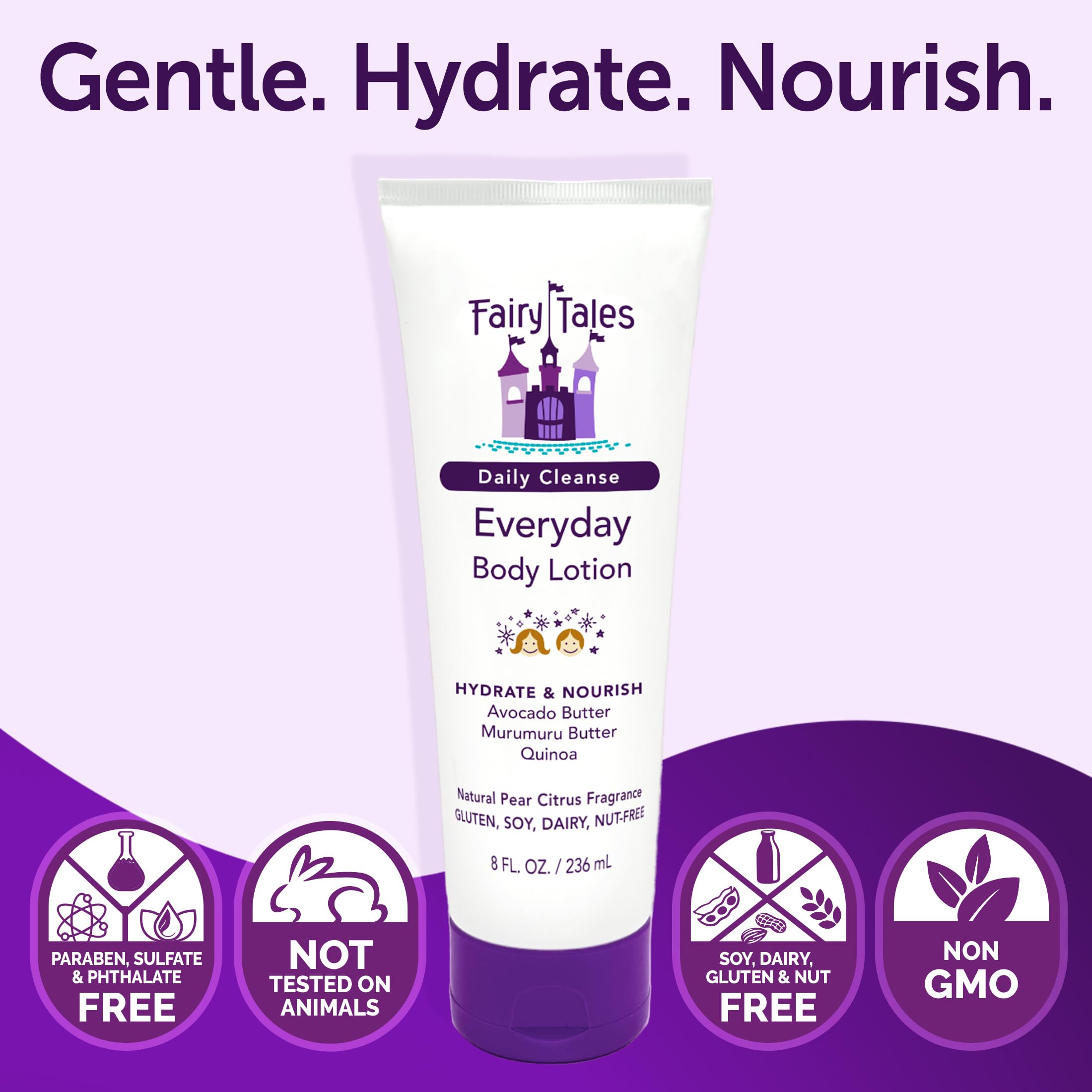 Fairy Tales Daily Cleanse Everyday Hydrating Kids Lotion with Aloe, Nourishing Body Lotion for Girls & Boys, Hydrate Dry and Sensitive Skin with Avocado and Murumuru Butter - 8 oz.