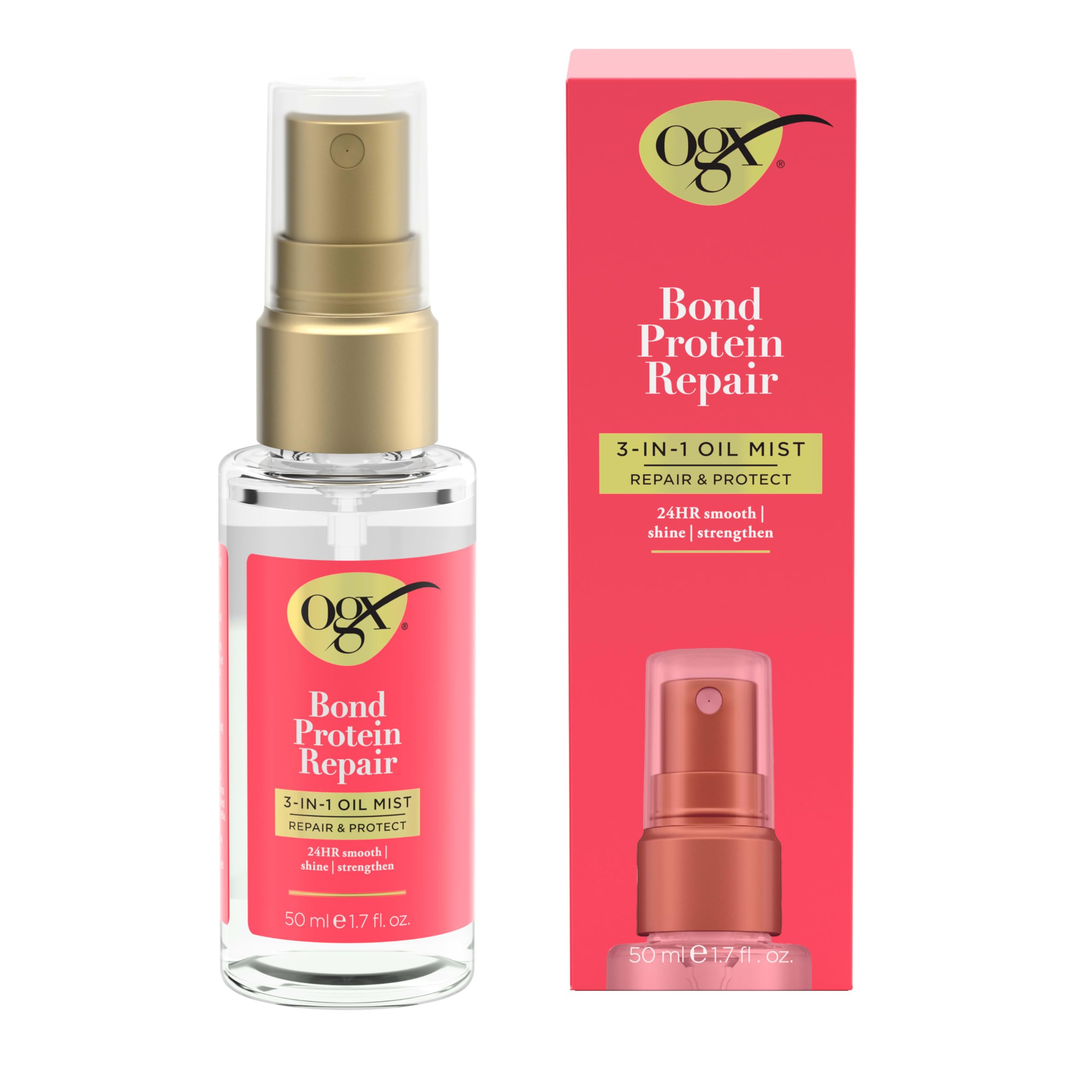 OGX Repair & Protect Bond Protein Repair 3-in-1 Oil Mist, Multi-Benefit Hair Oil Protects Dry, Damaged Hair Against Frizz, Strengthens, & maintains Shine, 1.7 fl. oz