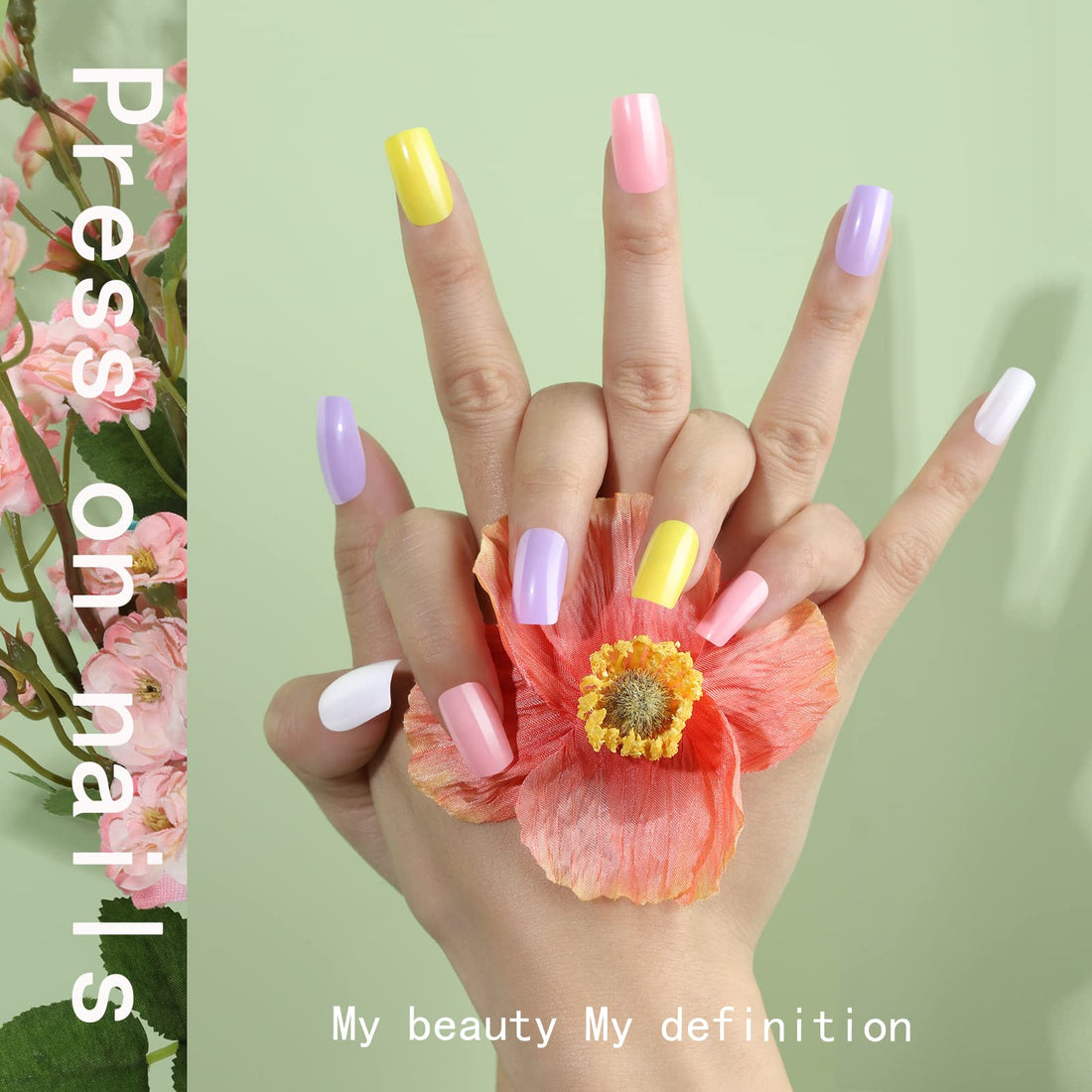 FANDAMEI 24 Colors Press on Nails Square, 24 Packs 576PCS Press on Nails Medium Square Glossy, Lightweight Natural Fake Nails Full Cover, False Nails with Glue, Short Square Acrylic Press on Nails