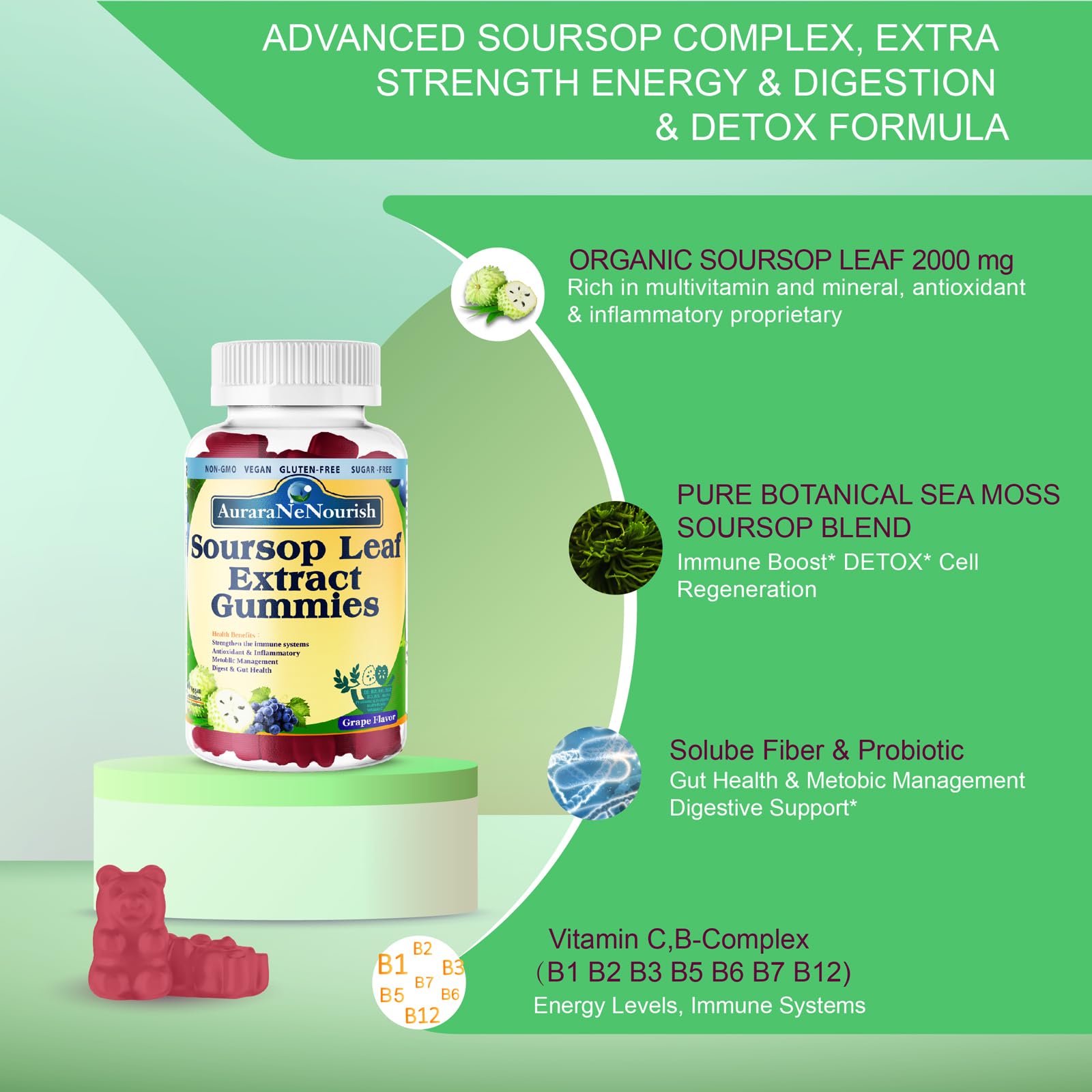 Sugar Free Soursop Gummies with Probiotics & Fiber 100 Billion CFUs, Organic Soursop Leave Extract with Vitamin C B-Complex for Digestive Gut Health, Energy Balance, Immune Boost