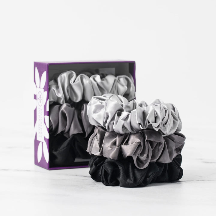 Mulberry Park Silks - Large - Black/Silver/Gunmetal (3 Pack) - 100% Pure Silk Hair Scrunchies - Gentle On All Hair Types - OEKO-TEX Certified