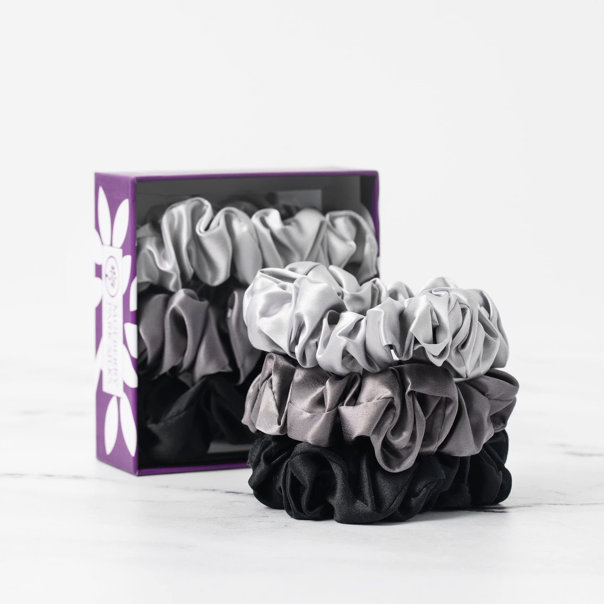 Mulberry Park Silks 100% Pure Silk Hair Scrunchies, 3 Pack - Prevents Frizz, Hair Breakage, Gentle On All Hair Types, OEKO-TEX Certified, Hair Accessories - Small (Black/Silver/Gunmetal)