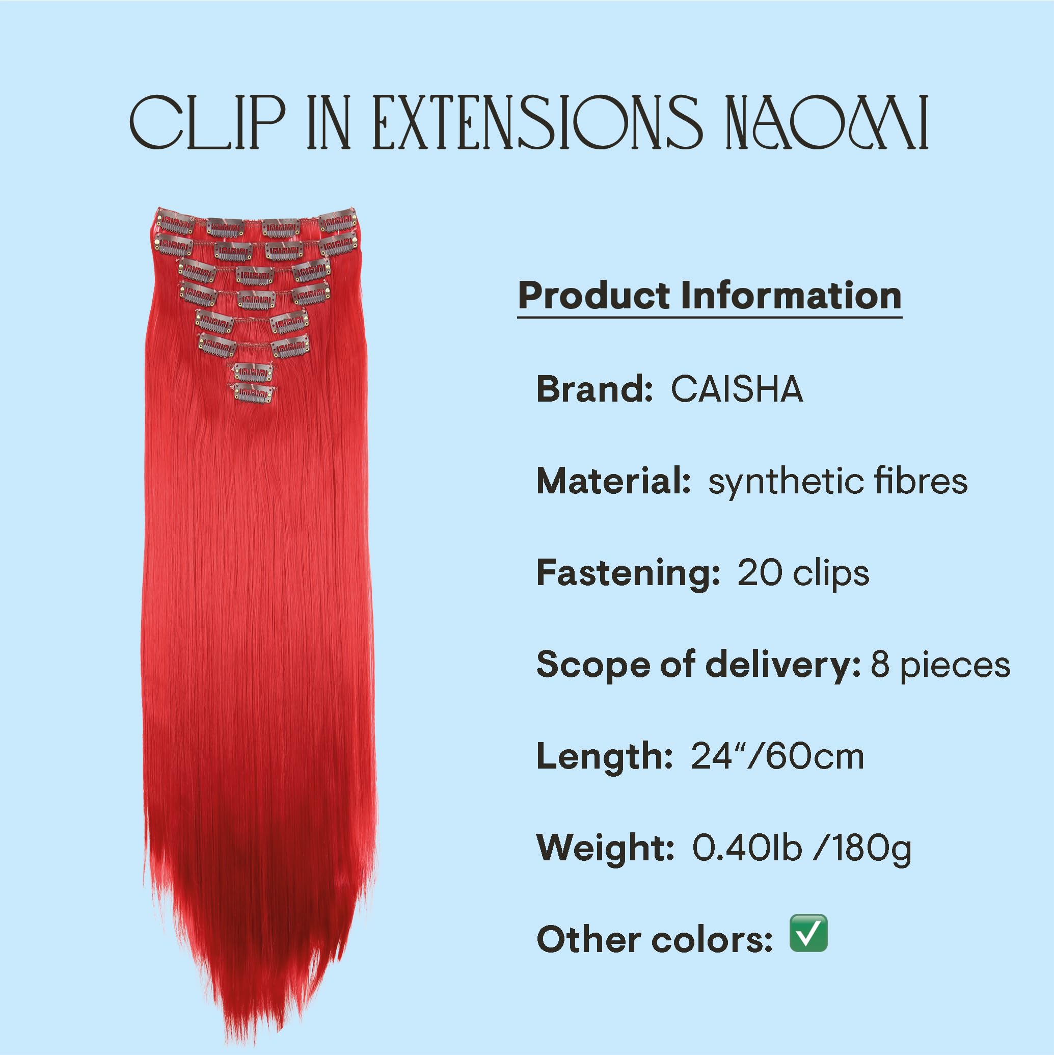 intensive red #3100 CES9 : PRETTYSHOP XXL Set 8 pcs 24 Clip In Hair Extensions Full Head Hairpiece Wavy Curled Or Straight Heat-Resisting Div. Colors (intense red straight #3100 CES9)