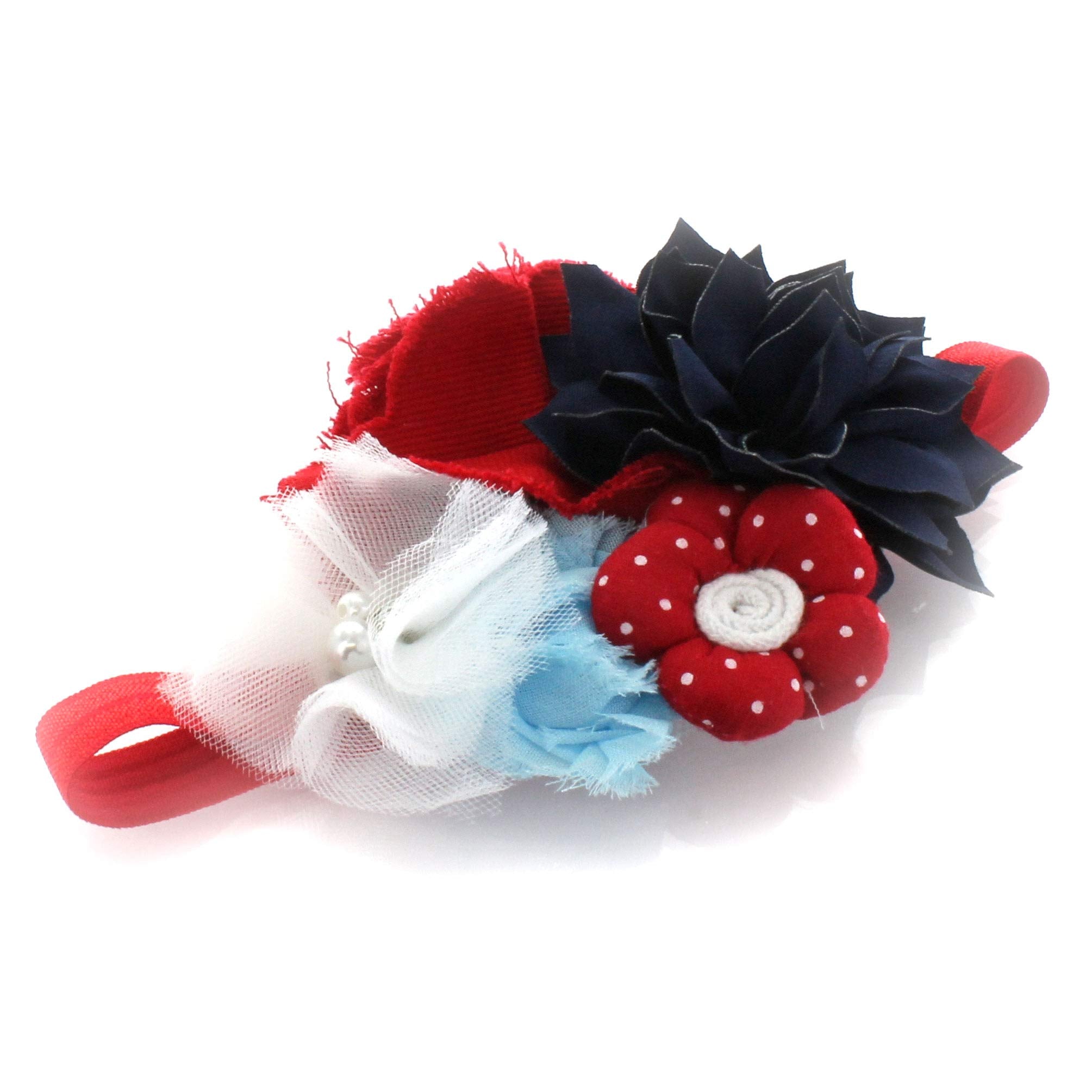 My Lello Baby Headband Shabby Fabric Flower Cluster Stretchy Elastic Red White Blue