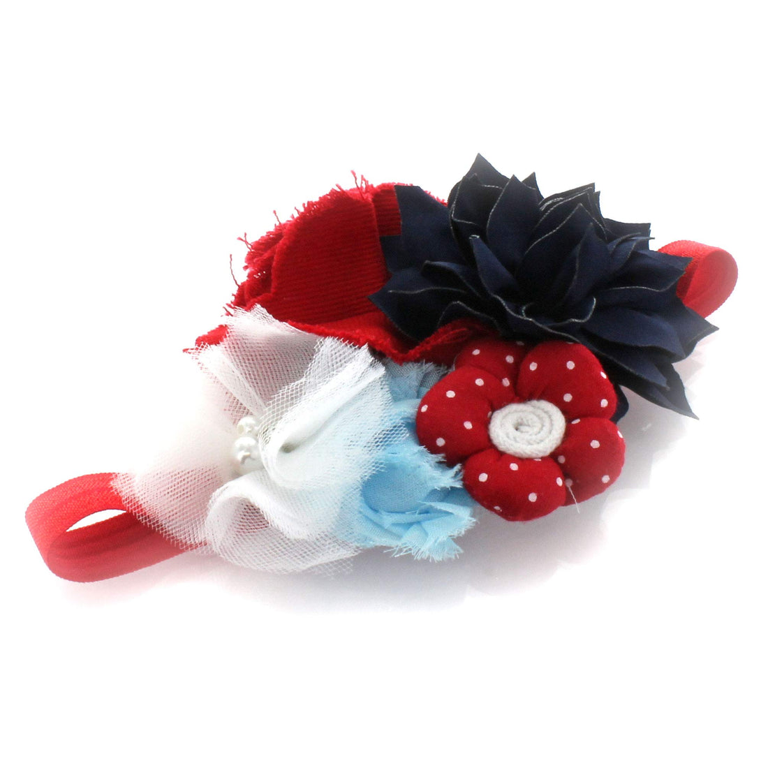 My Lello Baby Headband Shabby Fabric Flower Cluster Stretchy Elastic Red White Blue