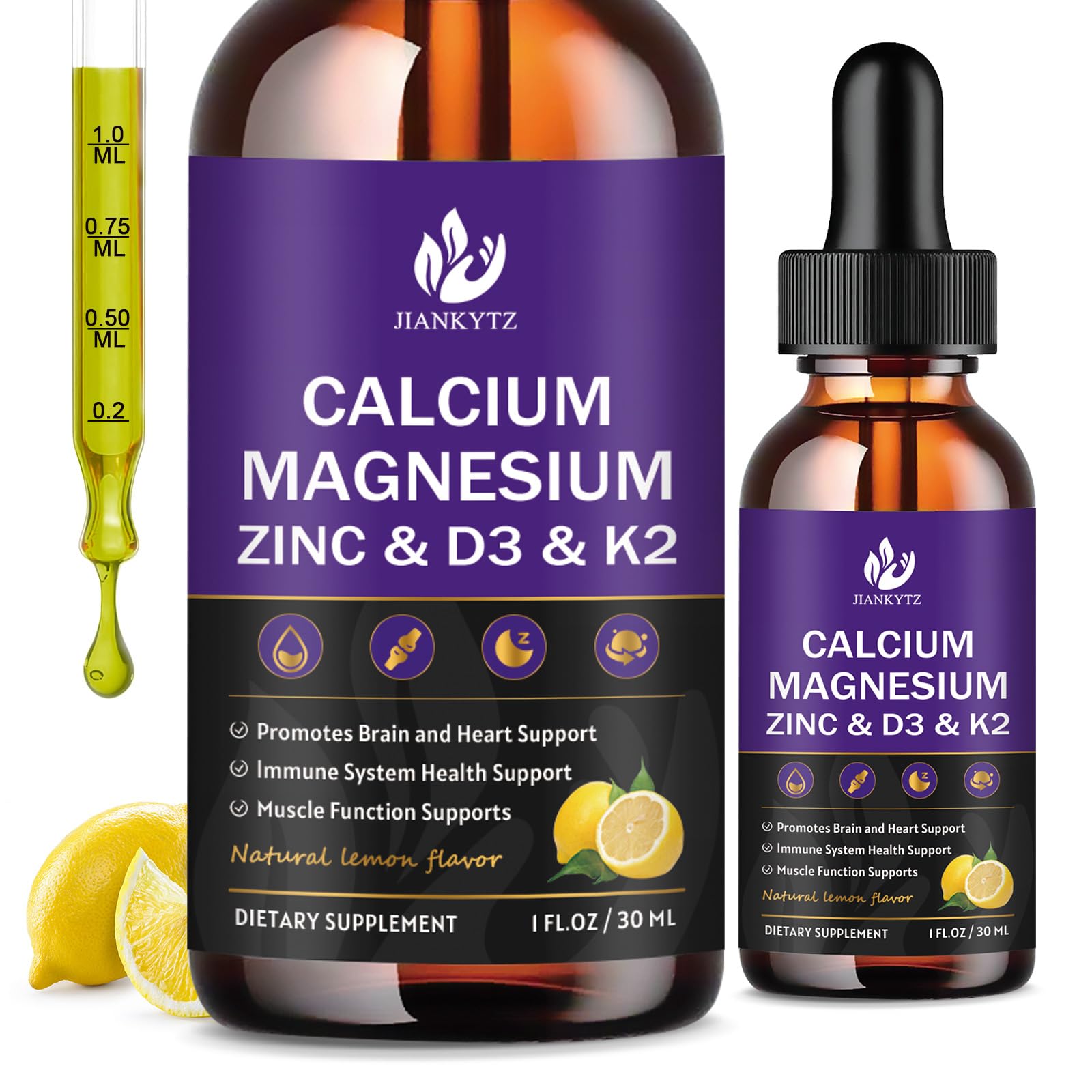 JIANKYTZ Calcium Magnesium Zinc 1300mg with Magnesium Glycinate, Vitamin C D3 K2 B6 and Sea Moss | Calcium Supplement Calcium with Vitamin D3 K2 Liquid Drop | Gluten Free | 2 Pack