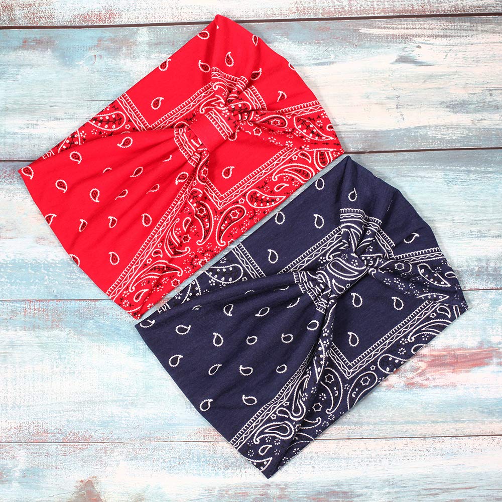 DINPREY Assorted Paisley Print Wide Bandana Knot Headbands Criss Cross Head Wrap Hair Band (4 Colors Pack B)