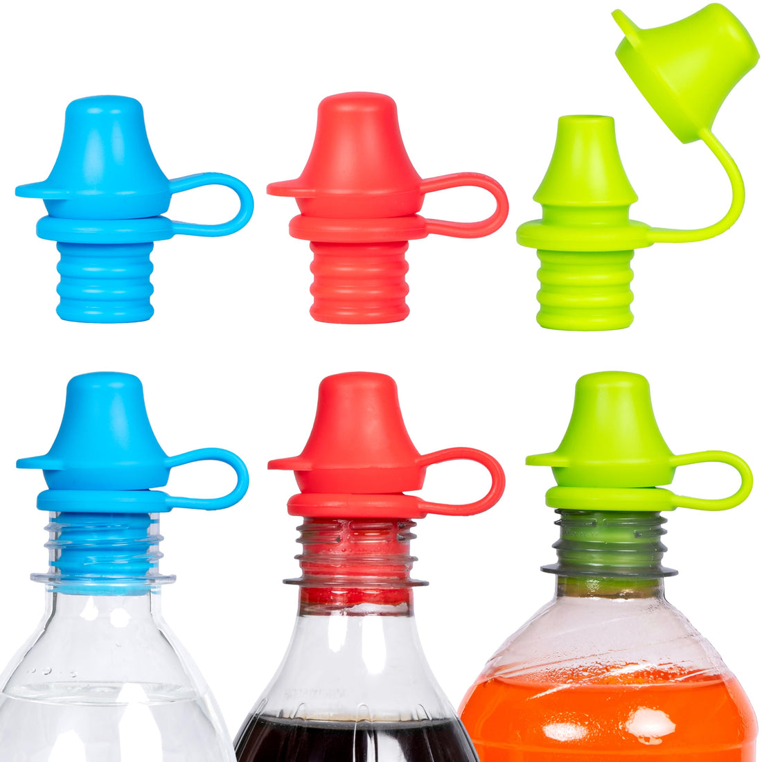 Kiddikap Original Water and Juice Bottle Topper, Soft Silicone Leak Proof Spout Conversion Cap to Make Spill Proof Drinks for Toddlers, Kids, or Adults, Travel Essential - 3 Pack (Blue, Green, Red)