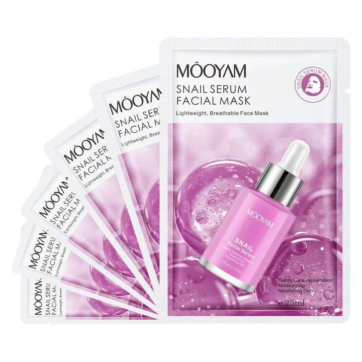 GUOYAOLIFU Face Masks Skincare, 6 Pack Snail Serum Sheet Masks - Hydrating & Smoothing, Moisturizing & Nourishing for All Skin Types