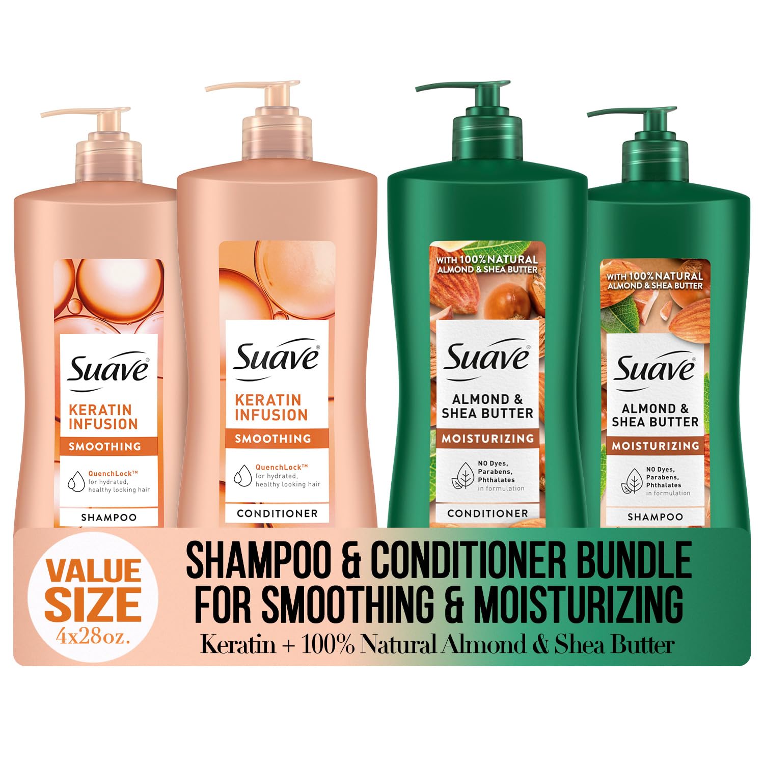 Suave Shampoo and Conditioner Set, Keratin Infusion + Almond & Shea Butter –Frizz Control and Moisturizing Hair Care Bundle, 28 Oz Ea (4 Piece Set)