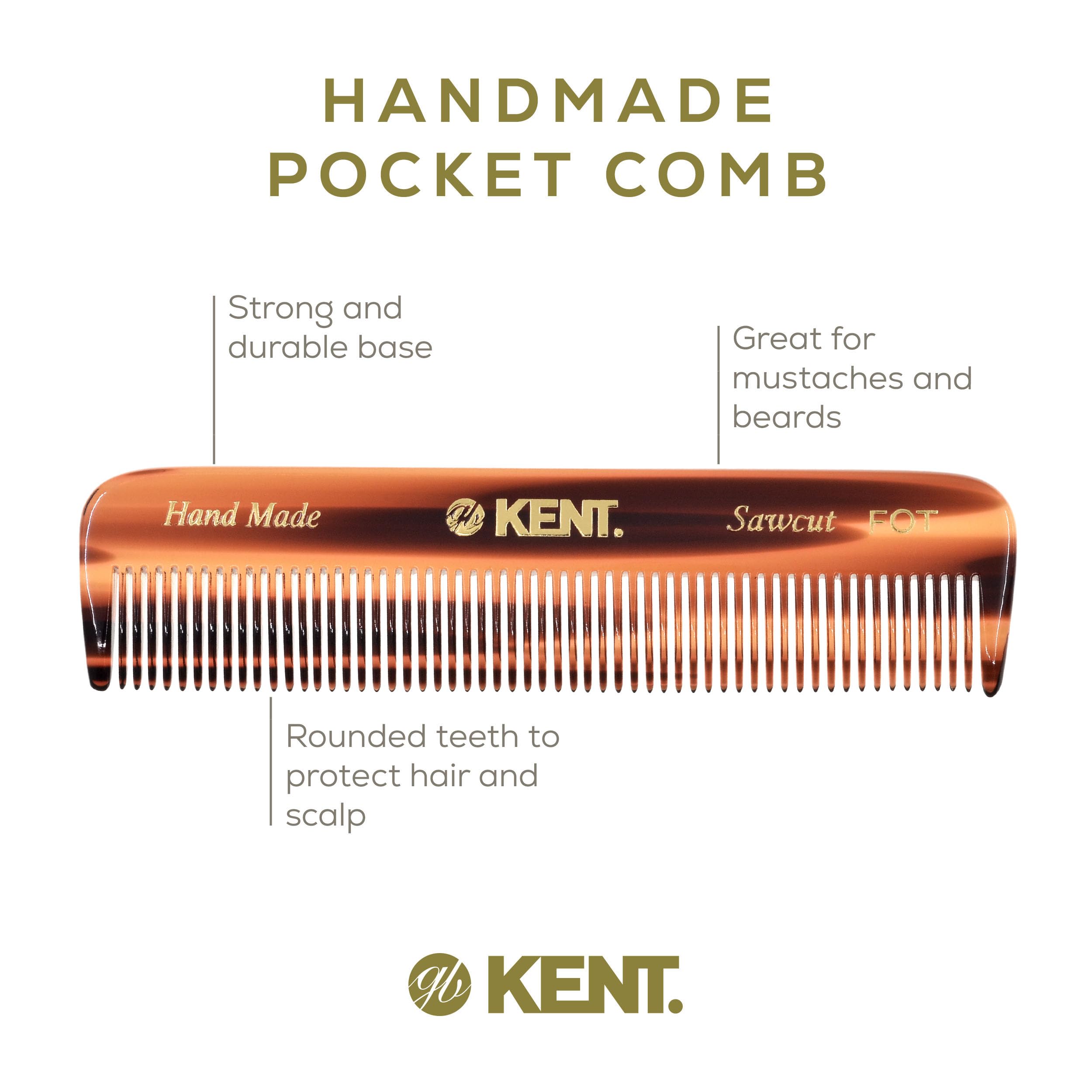 Kent A FOT Handmade All Fine Tooth Pocket Comb for Men, Women and Kids, Hair Comb Straightener for Everyday Grooming and Styling Hair, Mustache and Beard, Saw Cut and Hand Polished, Made in England