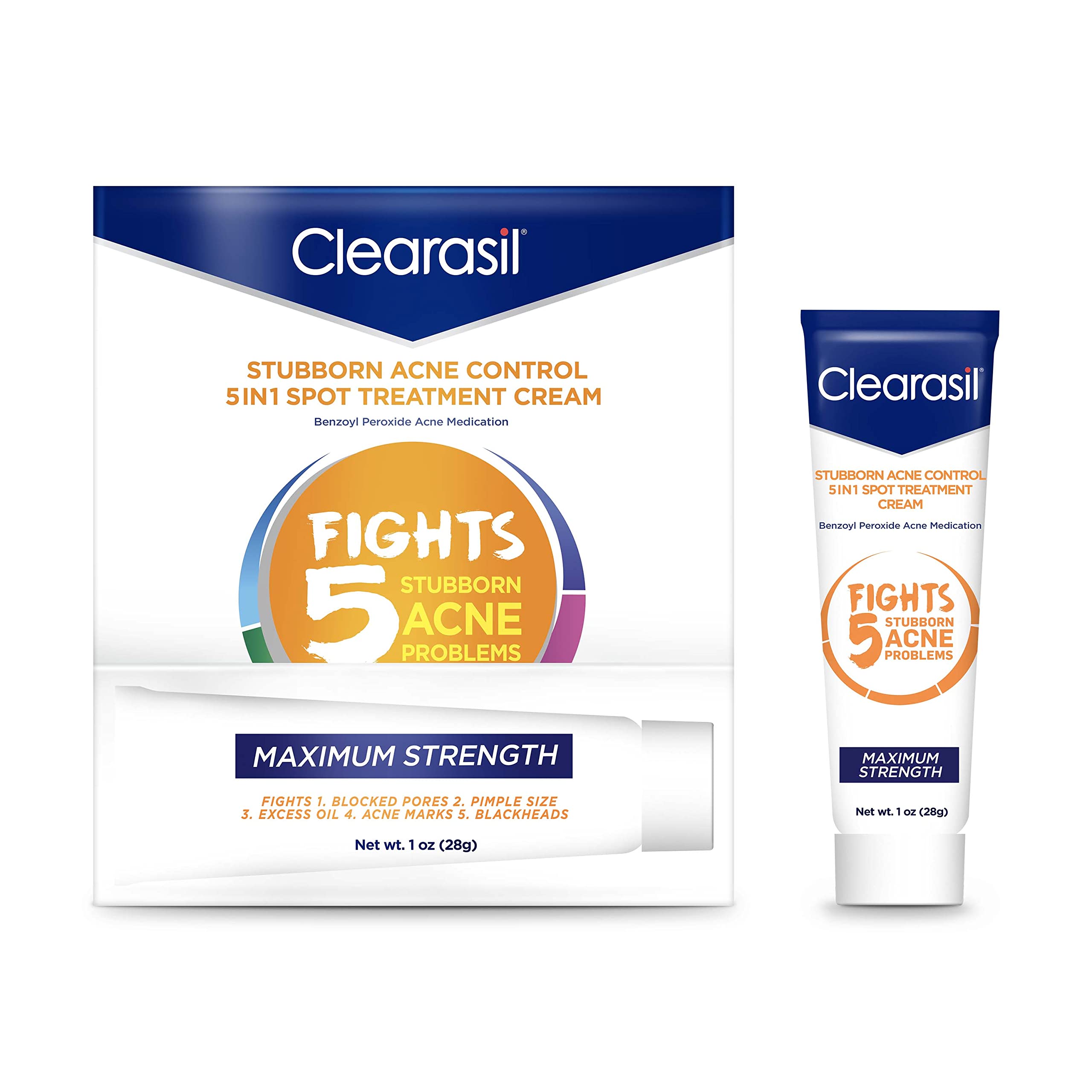 Clearasil Stubborn Acne Control 5in1 Spot Treatment Cream, Maximum Strenght with 10% Benzoyl Peroxide, Acne Medication, 1 oz