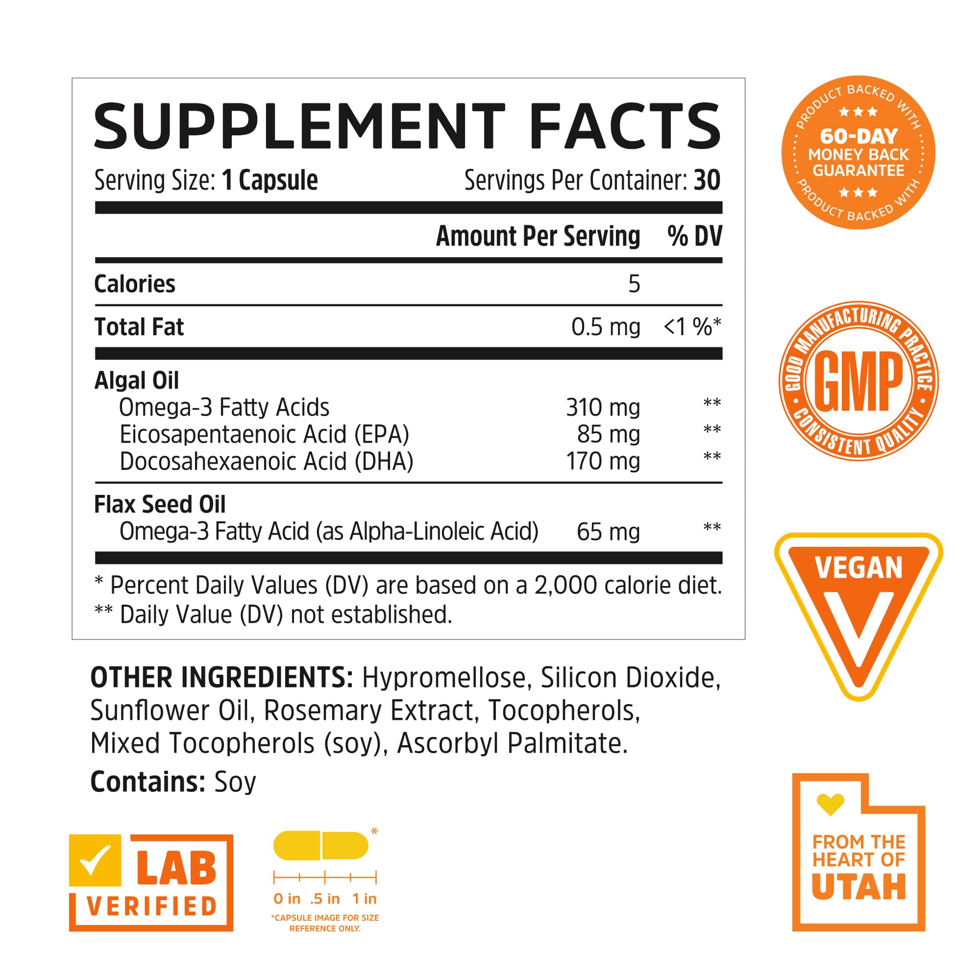 ZHOU Plant-Based Omegas, EPA and DHA Vegan Omega 3 Supplement with Algae and Flaxseed Oil, Heart Health Support, 60-Day Guarantee, 30 Servings, 30 Capsules