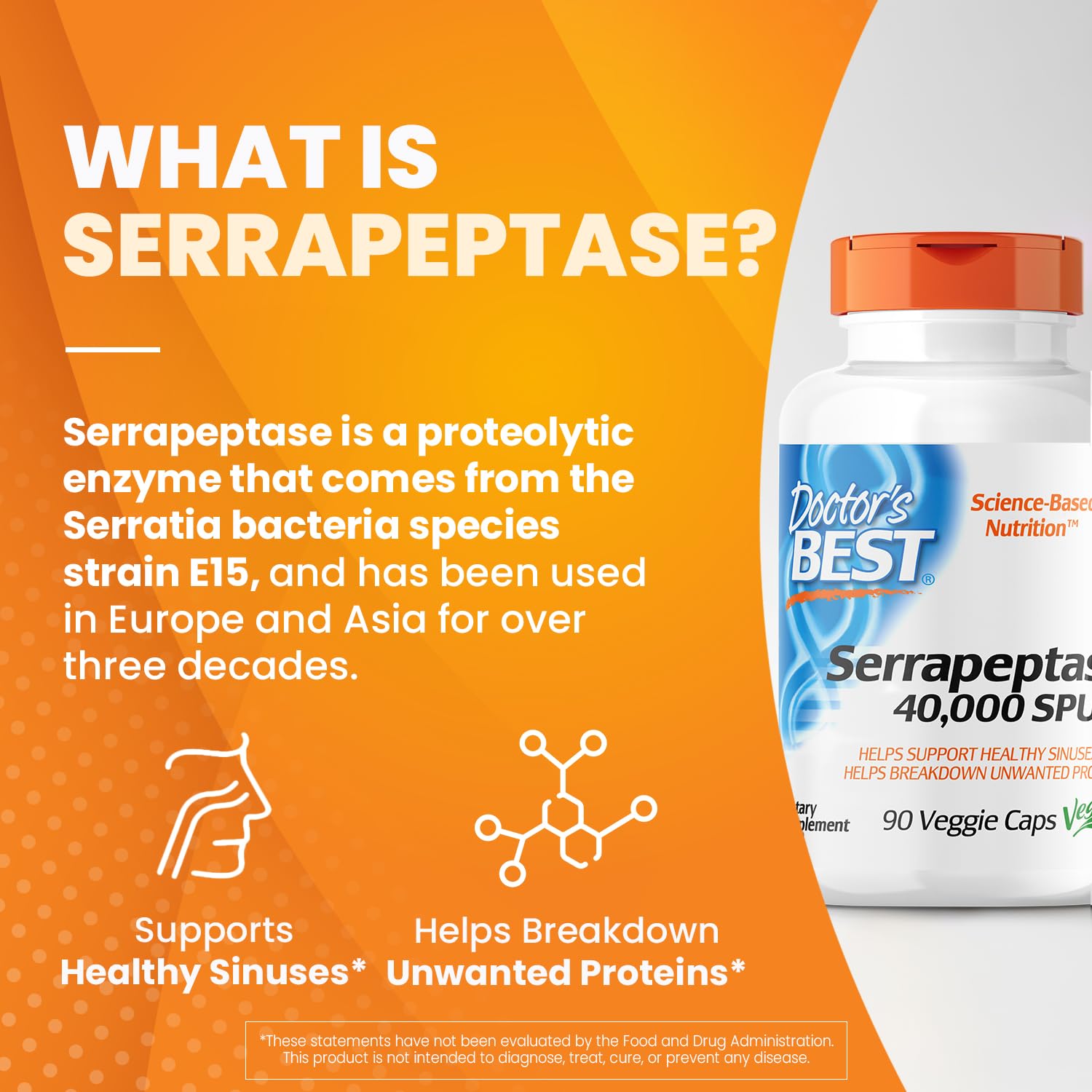 Doctors BEST Serrapeptase, 40,000 SPU, Supports Sinus Health, Non-GMO, Vegan 90 Veggie Caps