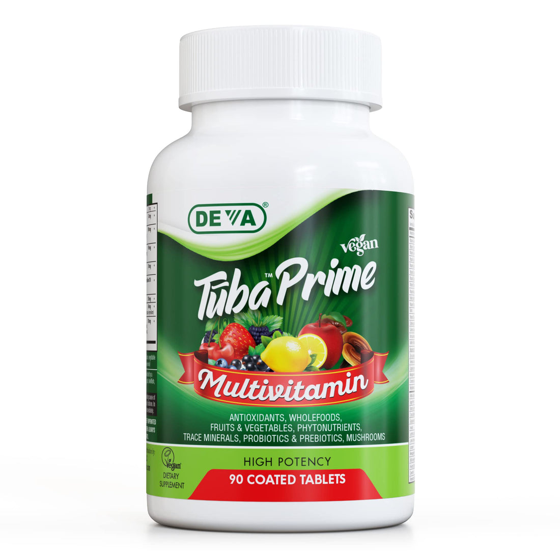 DEVA Tuba Prime Vegan Multivitamin - High-Potency Vitamin and Mineral Dietary Supplement - Antioxidants, Fruit and Vegetable Blend, Super Mushrooms, Probiotics, Prebiotics, Seeds, Herbs - 90 Tablets