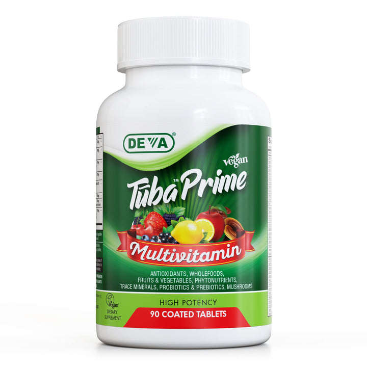 DEVA Tuba Prime Vegan Multivitamin - High-Potency Vitamin and Mineral Dietary Supplement - Antioxidants, Fruit and Vegetable Blend, Super Mushrooms, Probiotics, Prebiotics, Seeds, Herbs - 90 Tablets