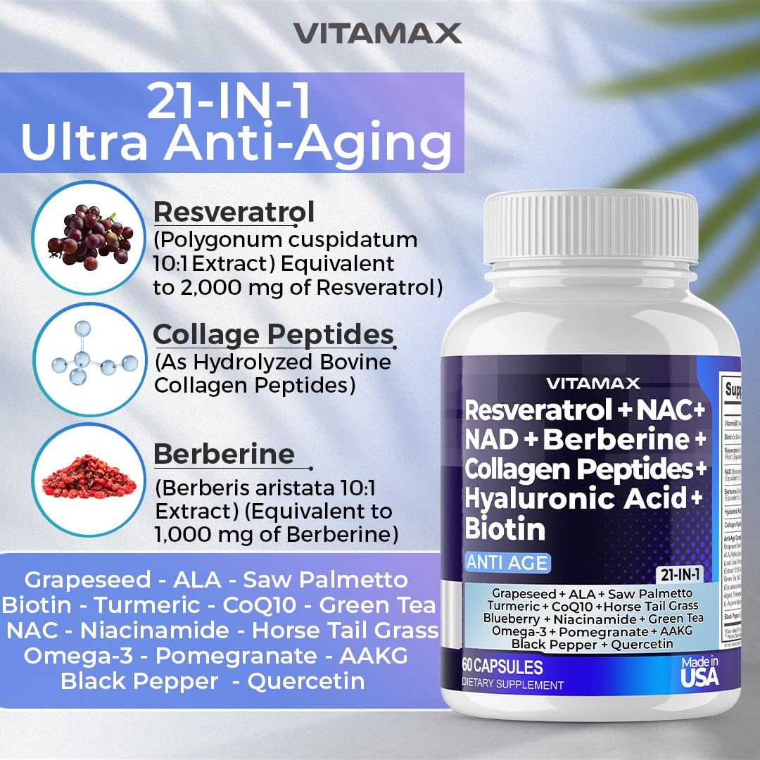 Resveratrol NAD+ Berberine Hyaluronic Acid - Biotin Grape & Blueberry + NAC - Collagen Peptides - Hair, Nail, Skin & Joint Supplement - 21-in-1 Women and Men - Made in USA (60 Count (Pack of 1)