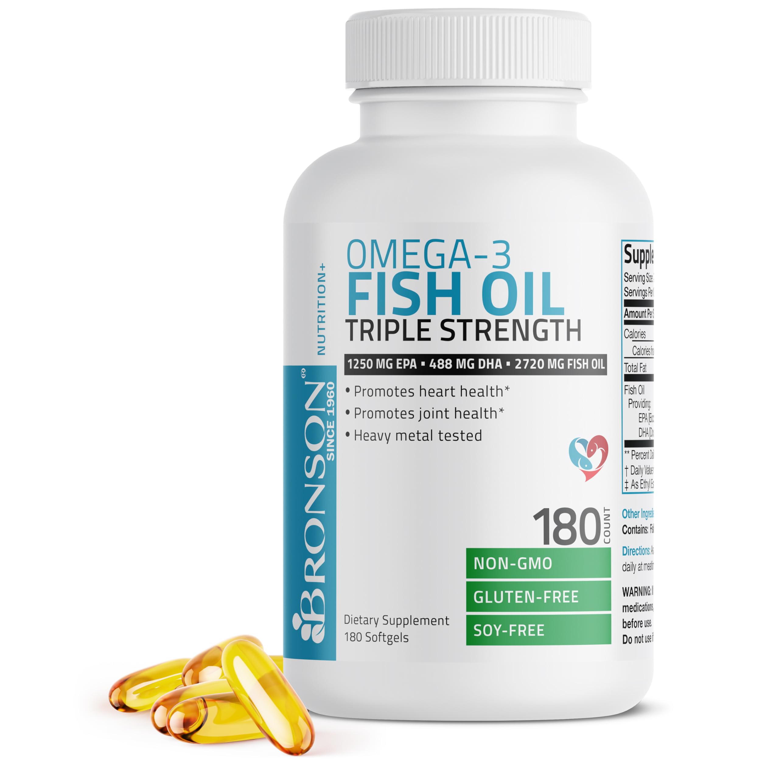 Bronson Omega 3 Fish Oil Triple Strength 2720 mg, High EPA 1250 mg DHA 488 mg, Non-GMO Heavy Metal Tested, 180 Softgels