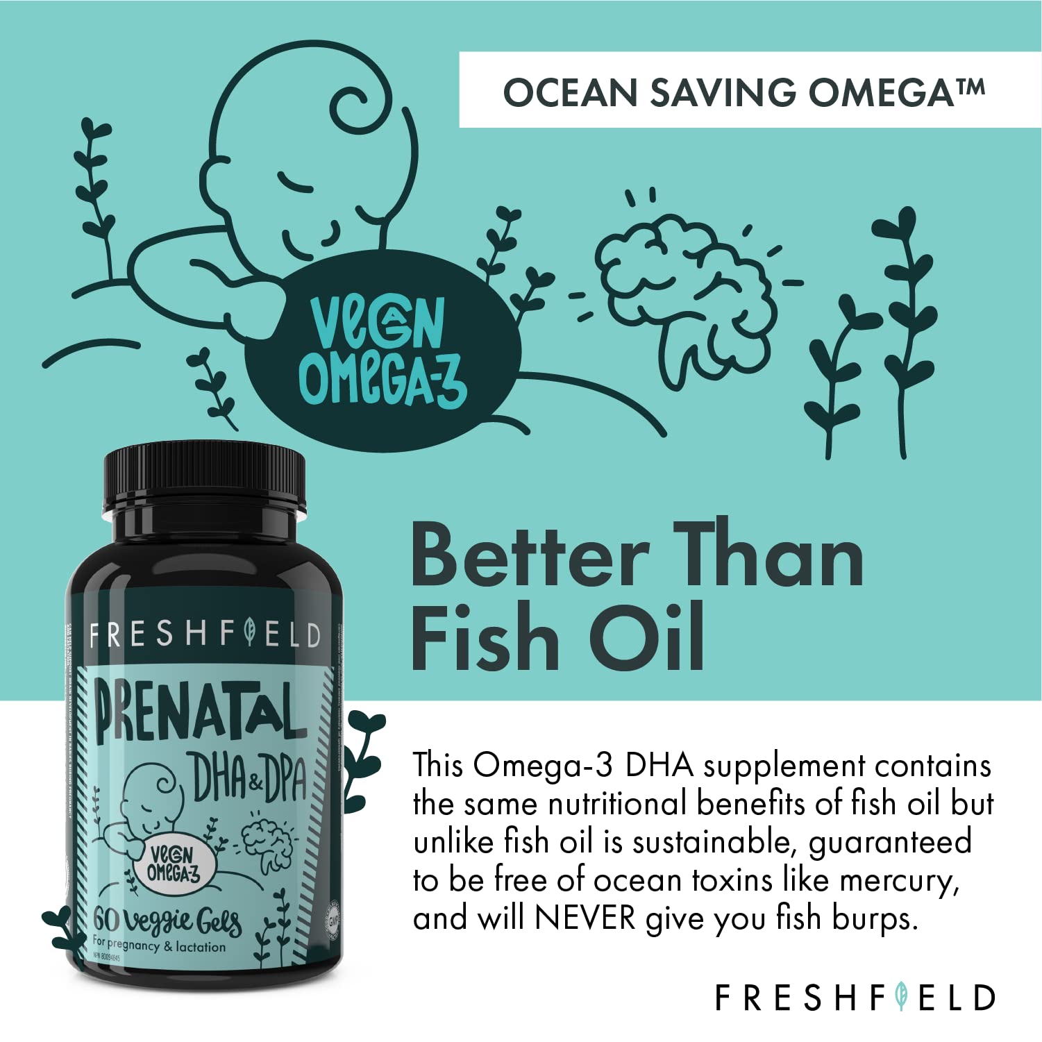 Freshfield Vegan Omega 3 DHA: Sustainable, Carrageenan Free, Third Party Tested, Compostable Bottle, Carbon Neutral. Supports Heart, Brain, Joint Health w/DPA (Prenatal 60 Count (Pack of 1))