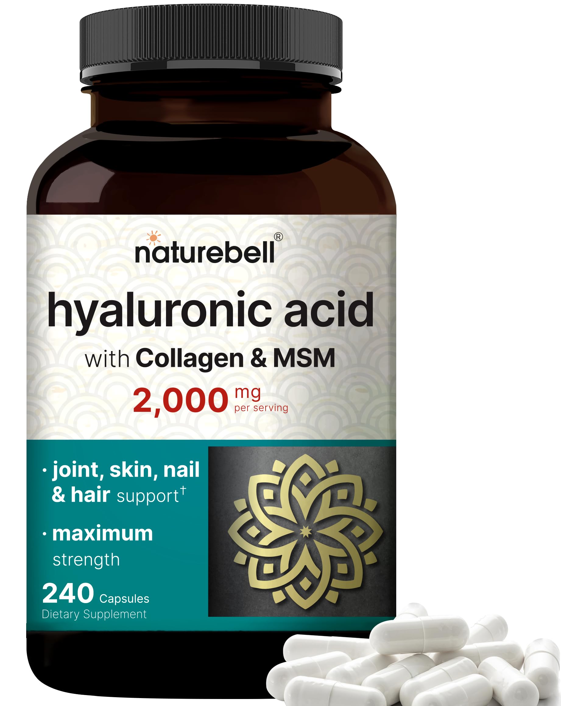 NatureBell Hyaluronic Acid Supplements 2,000 mg | 240 Capsules, with MSM & Hydrolyzed Bovine Collagen – 3 in 1 Support for Skin Hydration, Joint Lubrication, Hair, and Eye Health
