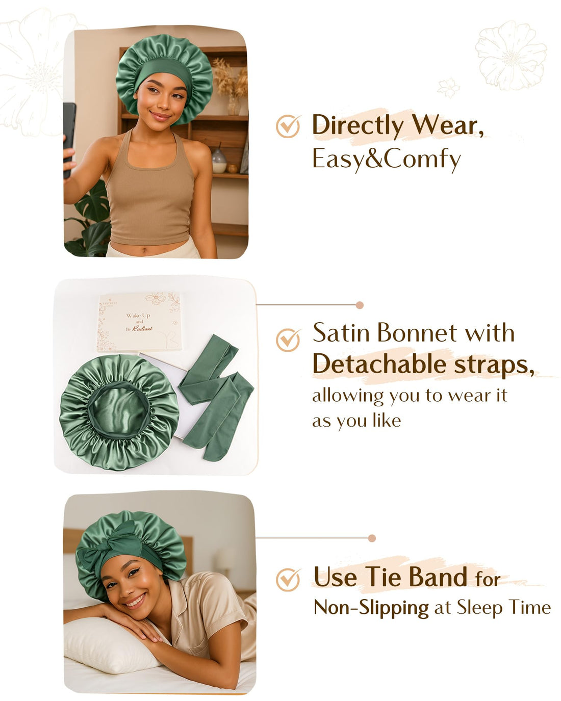 YANIBEST Silk Bonnet for Sleeping Women, Double Layer Hair Satin Bonnets with Elastic Band, Sleep Cap Curly Natural Hair