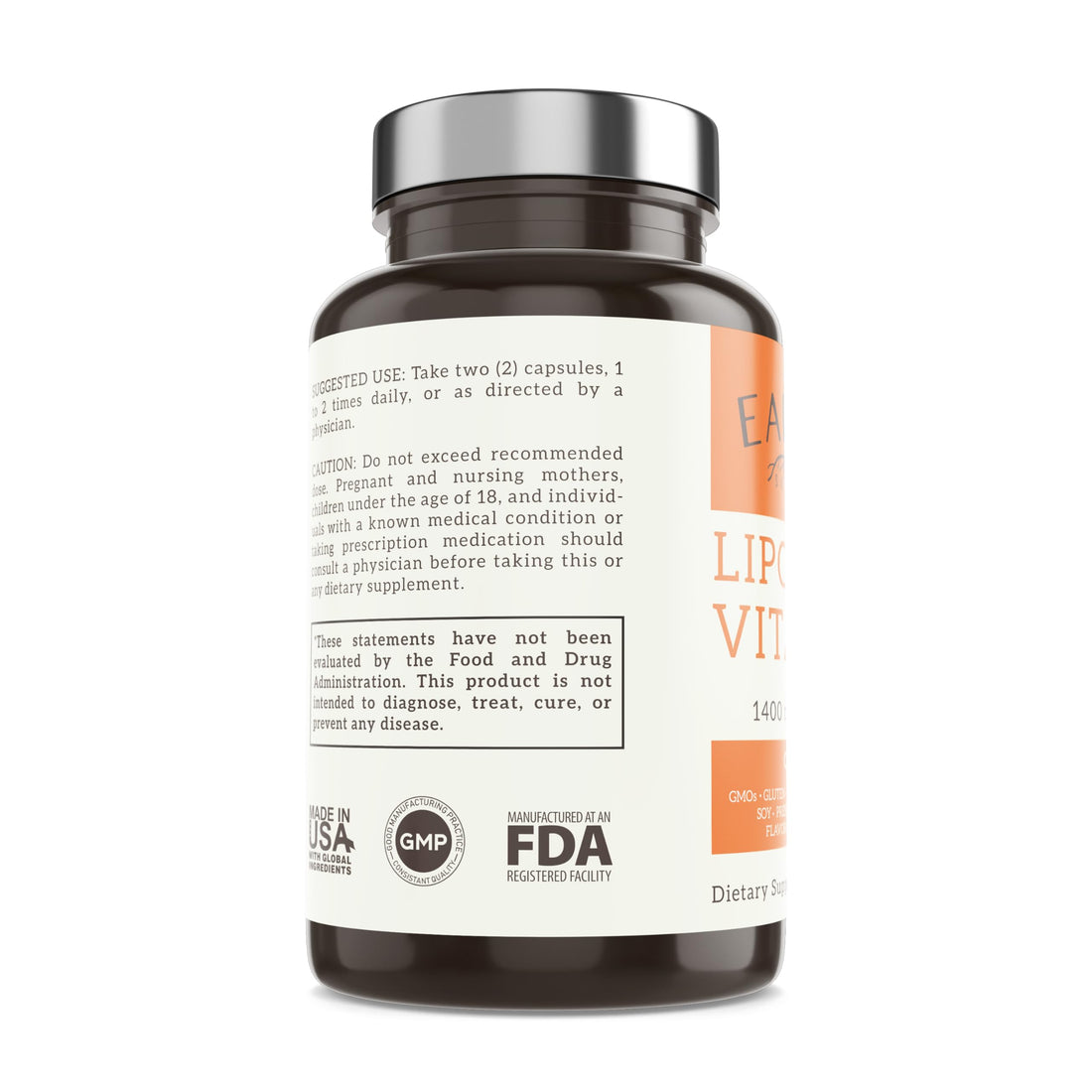 EARTHEN supplements Liposomal Vitamin C | Made with Organic Ingredients | 1400MG Per Serving | 180 Capsule - 90 Serving | Non GMO | Fat Soluble - High Absorption Antioxidant