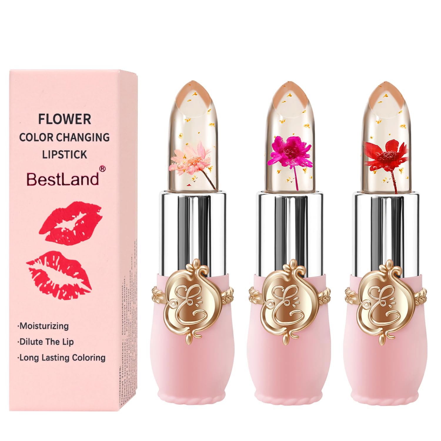 3 Pcs/Set Flower Jelly Lipstick Set Temperature Change Moisturizer Long Lasting Nutritious Balm Magic Color Change Lip Gloss (3Pcs Flower Jelly Lipstick 010203)