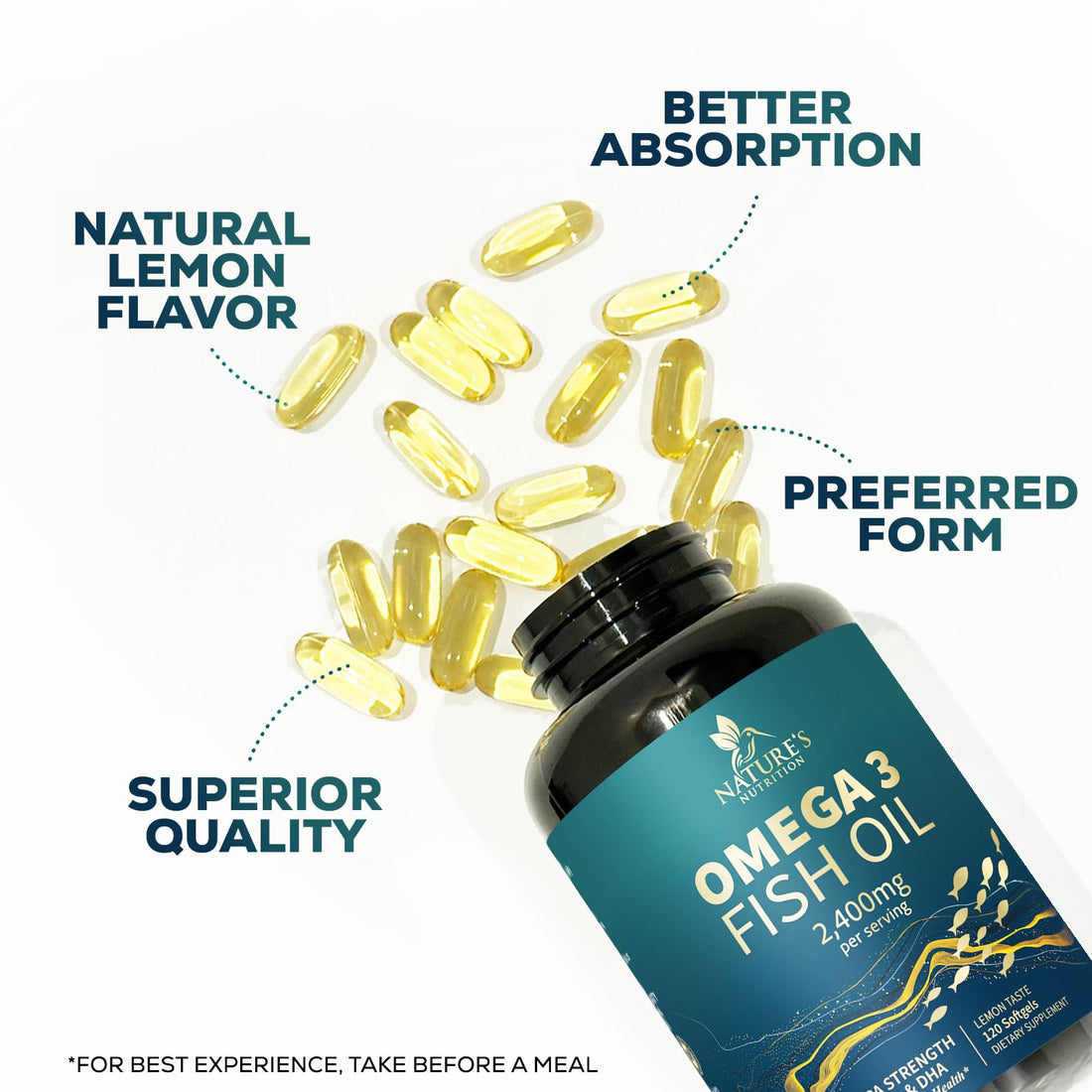 Triple Strength Omega 3 Fish Oil 2400 mg Softgels, Nature's Fish Oil Supplements, Brain & Heart Health Support - EPA & DHA, 1200 MG Fish Oil in Each Softgel, Omega-3 Supplement - 60 Fish Oil Softgels