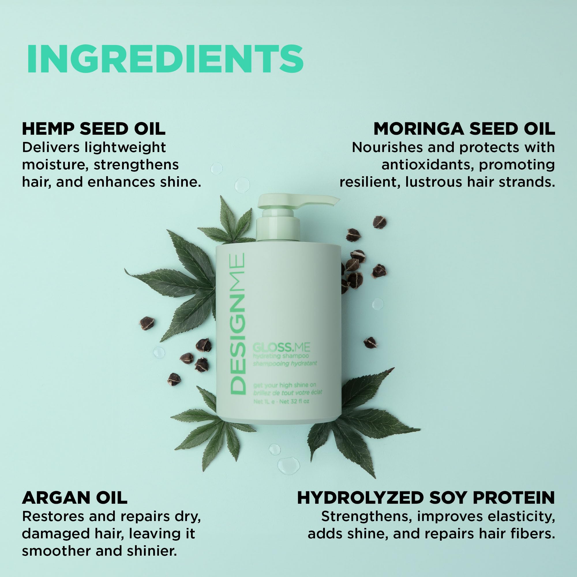 Design.Me GLOSS.ME Hydrating Shampoo | With Hemp & Argan Oil | Adds Softness & Shine | Straight, Wavy, or Curly Hair Shampoo | Sulfate-Free & Color-Safe Moisturizing Shampoo for Dry Hair, 32 Fl Oz