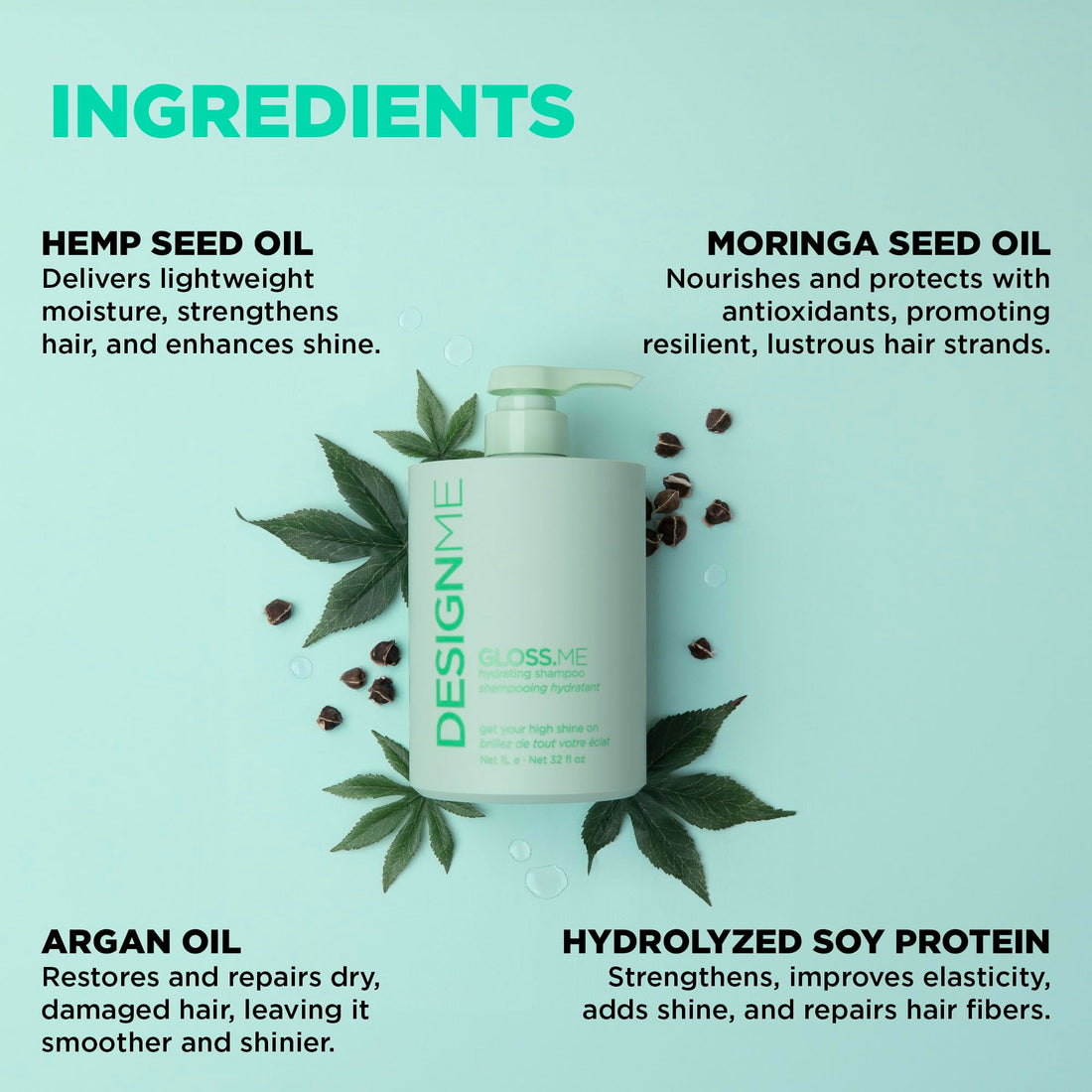 Design.Me GLOSS.ME Hydrating Shampoo | With Hemp & Argan Oil | Adds Softness & Shine | Straight, Wavy, or Curly Hair Shampoo | Sulfate-Free & Color-Safe Moisturizing Shampoo for Dry Hair, 32 Fl Oz
