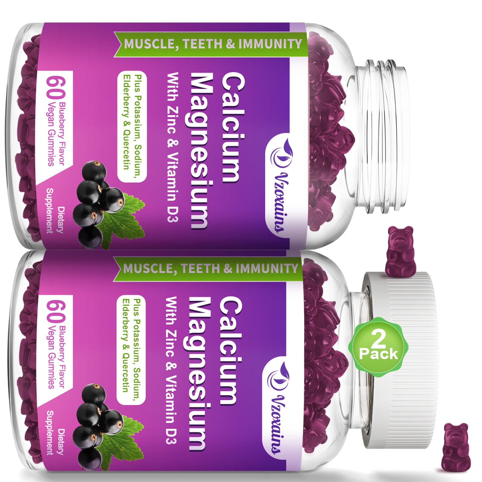 VZOXAINS High Absorption Calcium Gummies, Calcium Magnesium Zinc with Magnesium Glycinate, Potassium, Vitamin D3 for Women & Men- Blueberry Flavor 120 Cts