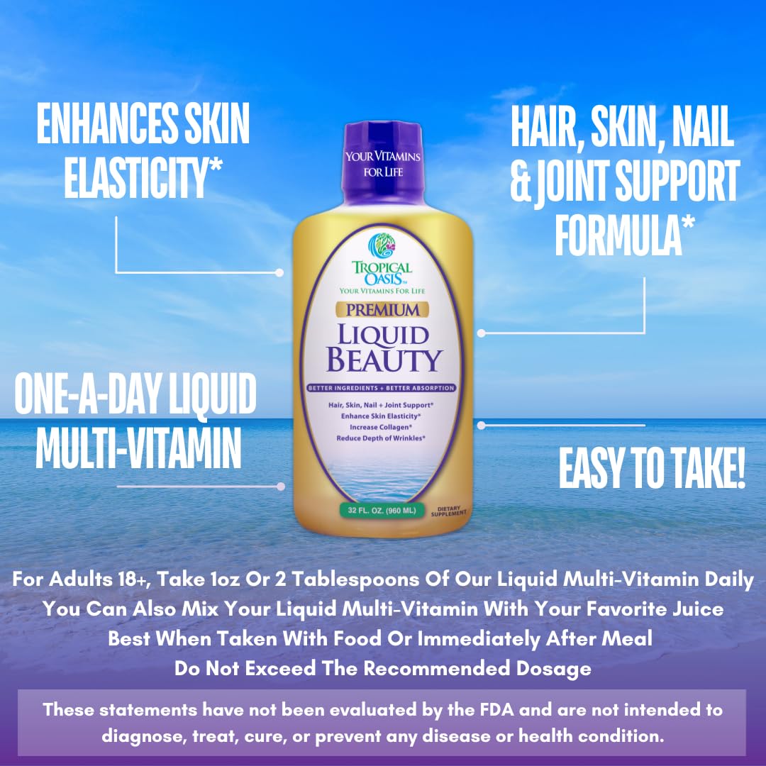 Tropical Oasis - Liquid Beauty | Supplement for Hair, Skin, & Nail Growth - Biotin + Hydrolyzed Collagen (32 Servings)