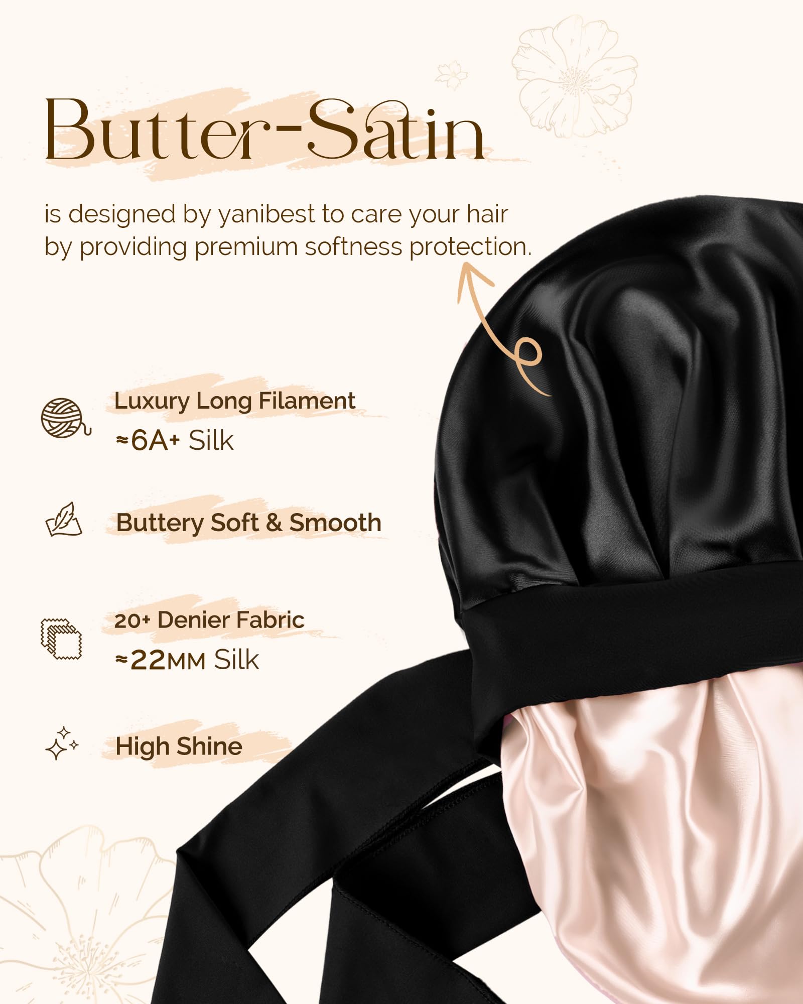 YANIBEST Satin Silk Bonnet for Sleeping Women, Double Layer Hair Bonnet with Elastic Tie Band for Curly Natural Hair, Black