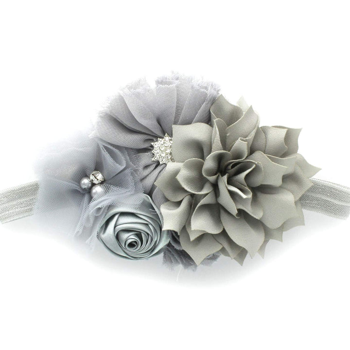 My Lello Headband Shabby Fabric Flower Cluster Baby - Infant - Toddler - Girl Stretchy Elastic Gray
