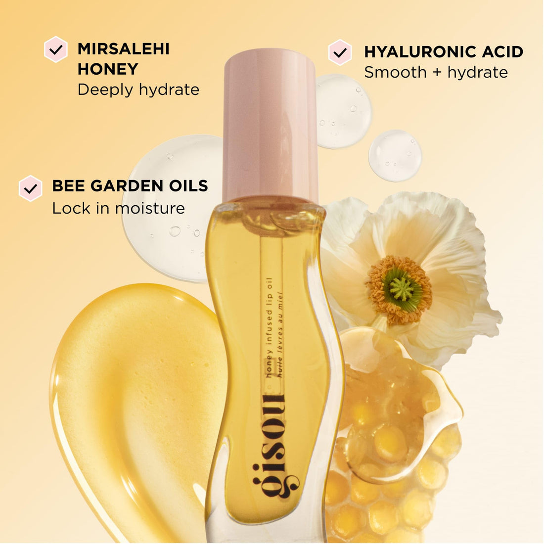 Gisou Honey Infused Hydrating Lip Oil, Nourishing Moisturizer for Dry Lips, High Shine, Smooth Finish, Clear Golden Glow, Fresh Honey Scent, 8ml