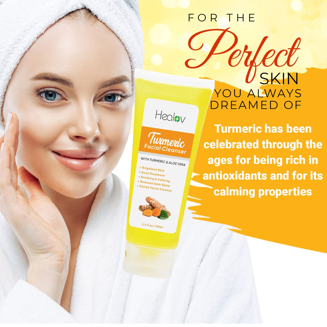 Herblov Turmeric Face Wash, Turmeric Clear Skin Liquid Soap – 100% Natural Anti Aging Exfoliating Facial Cleanser for Spots, Age Spots, Sun Damage, Discoloration – Cleansing Soap Skin Detox Treatment