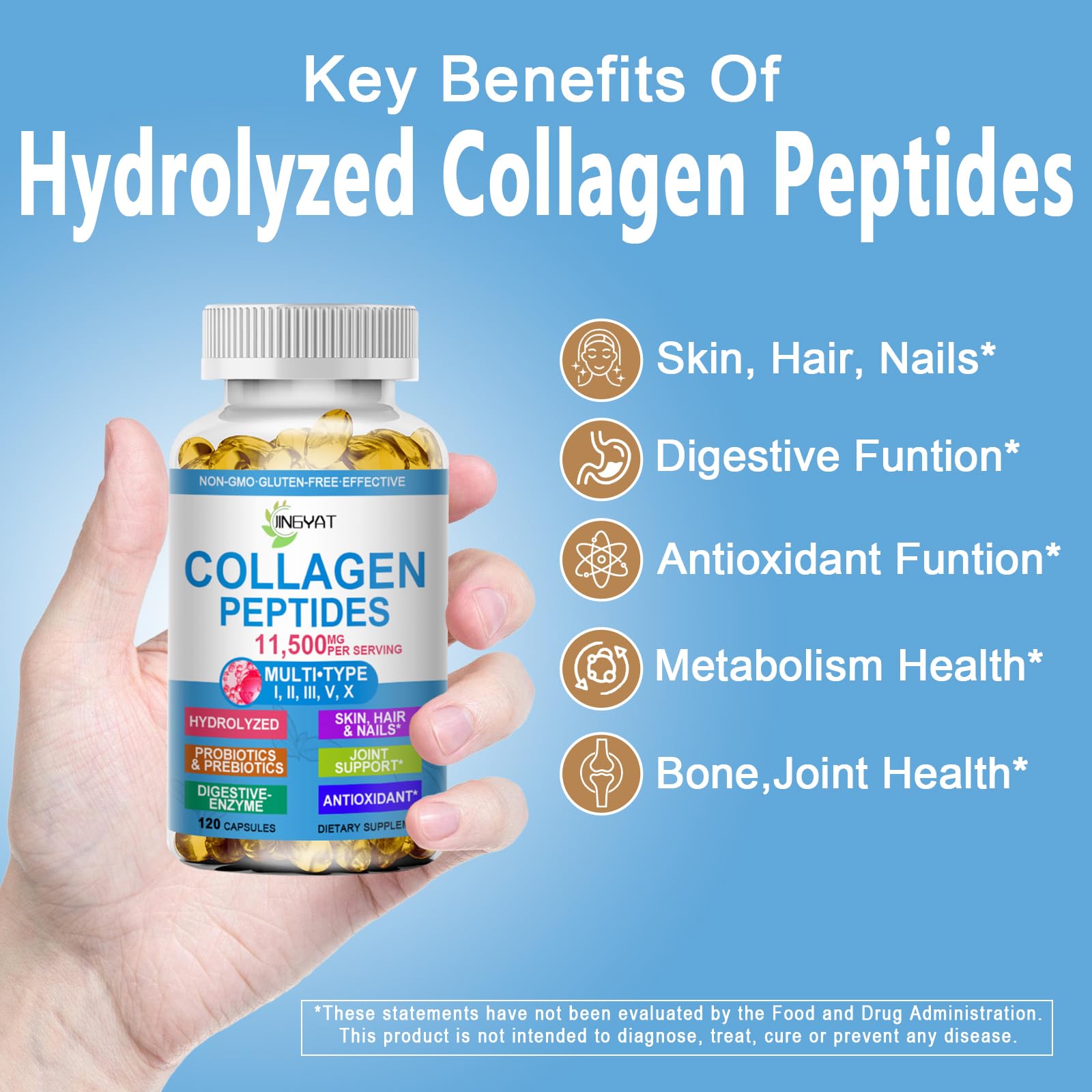 Collagen Peptides Softgels, Multi Collagen Peptides w/ Glucosamine Chondroitin MSM Biotin, Hydrolyzed Collagen Peptides Complex for Women Supports Skin Hair Nail Joints Bones Gut Health, Non-GMO